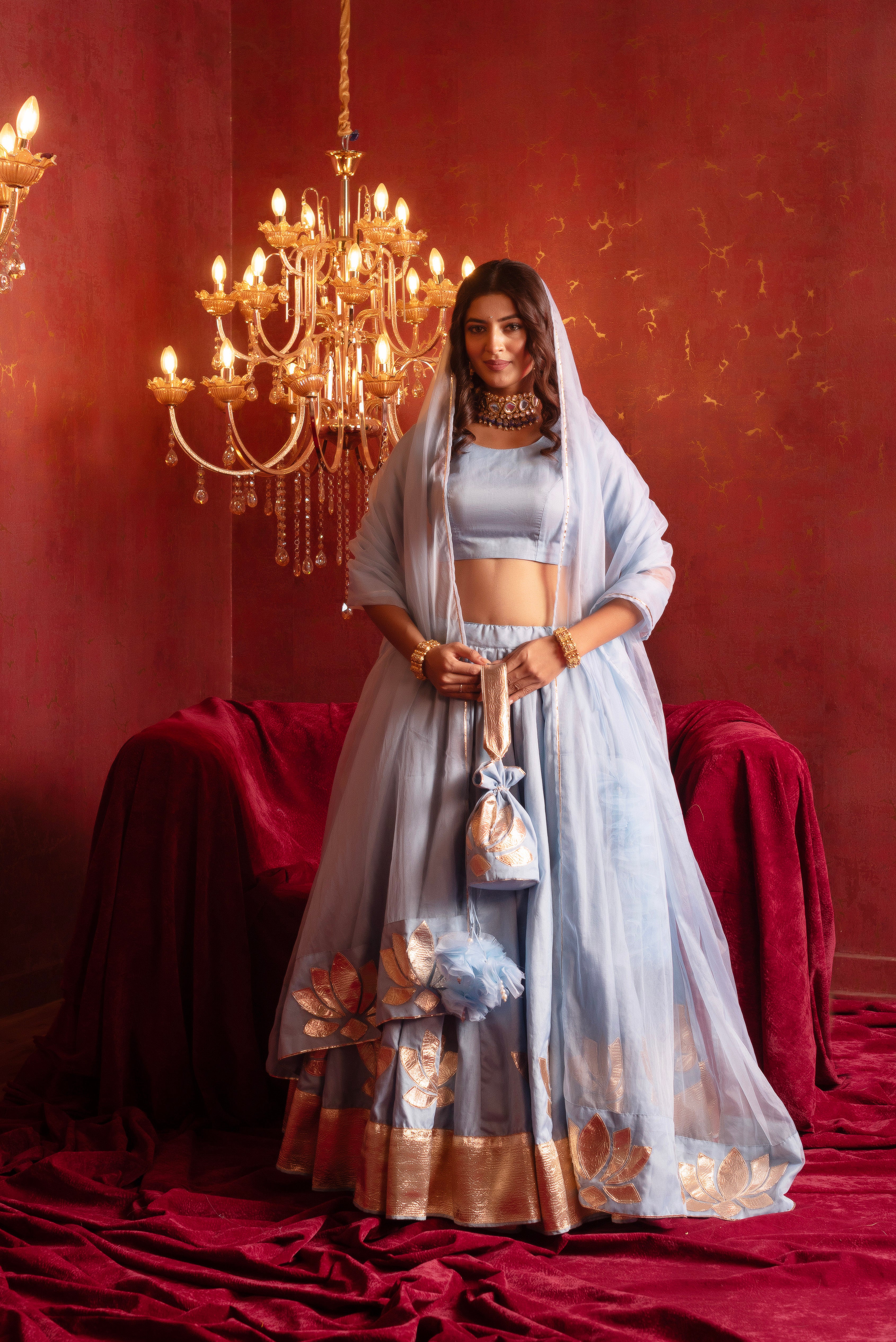 GULFIZAN POWDER BLUE GOTA PATTI PHOOL ORGANZA LEHENGA WITH ORGANZA DUPATTA