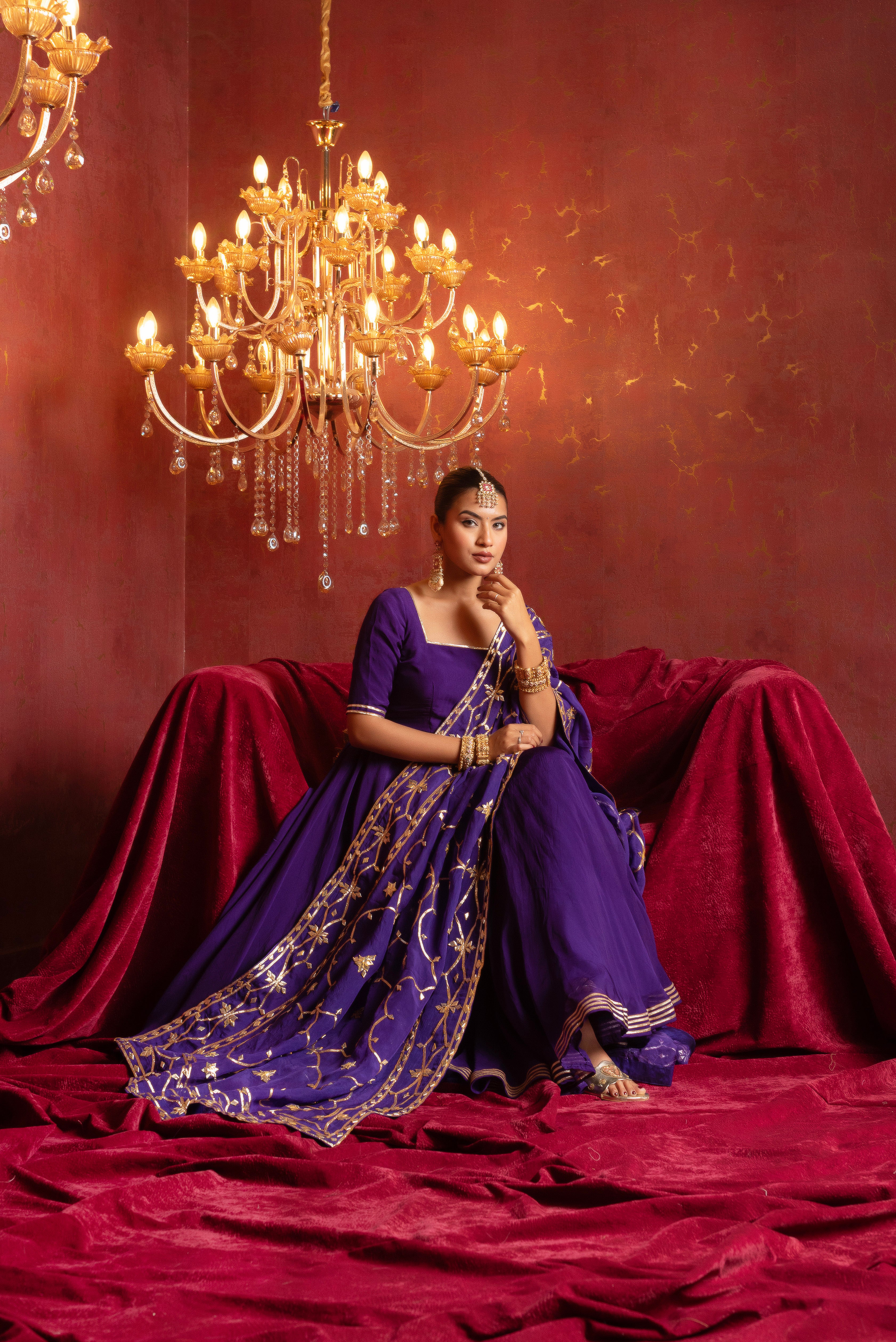 GULFIZAN BAINGANI RADIANT ORGANZA ANARKALI SETS WITH HEAVY GOTA WORK DUPATTA