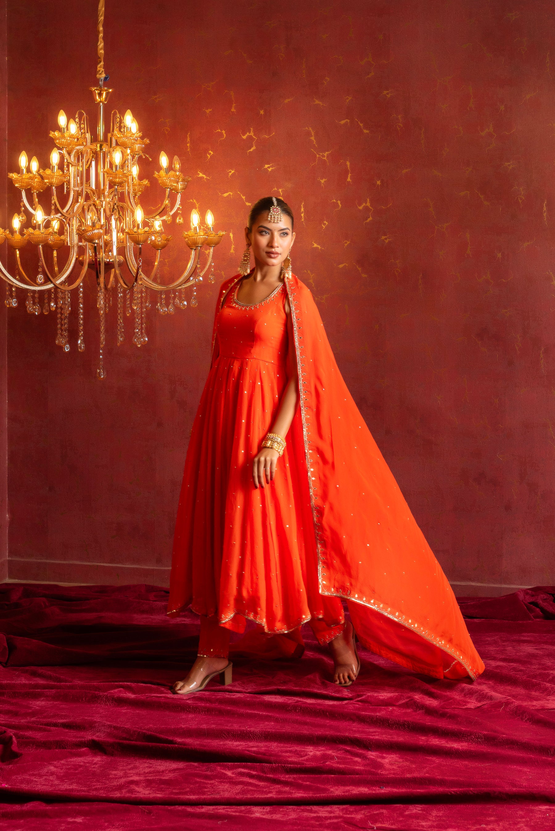 GULFIZAN KESARIYA ORANGE ORGANZA TAARI SEQUIN HANDWORK ANARKALI SUIT SET WITH ORGANZA HAND-WORK DUPATTA