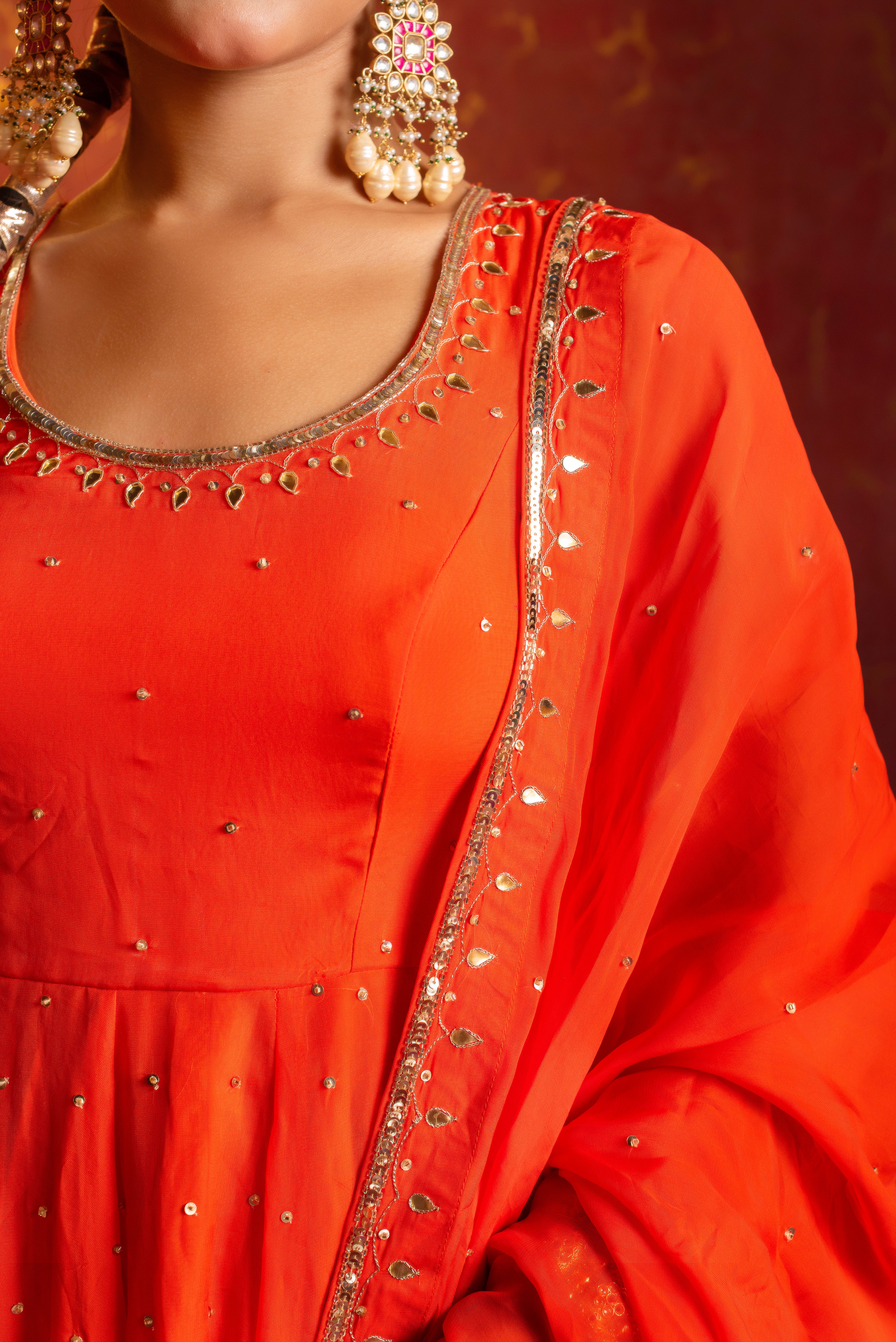 GULFIZAN KESARIYA ORANGE ORGANZA TAARI SEQUIN HANDWORK ANARKALI SUIT SET WITH ORGANZA HAND-WORK DUPATTA