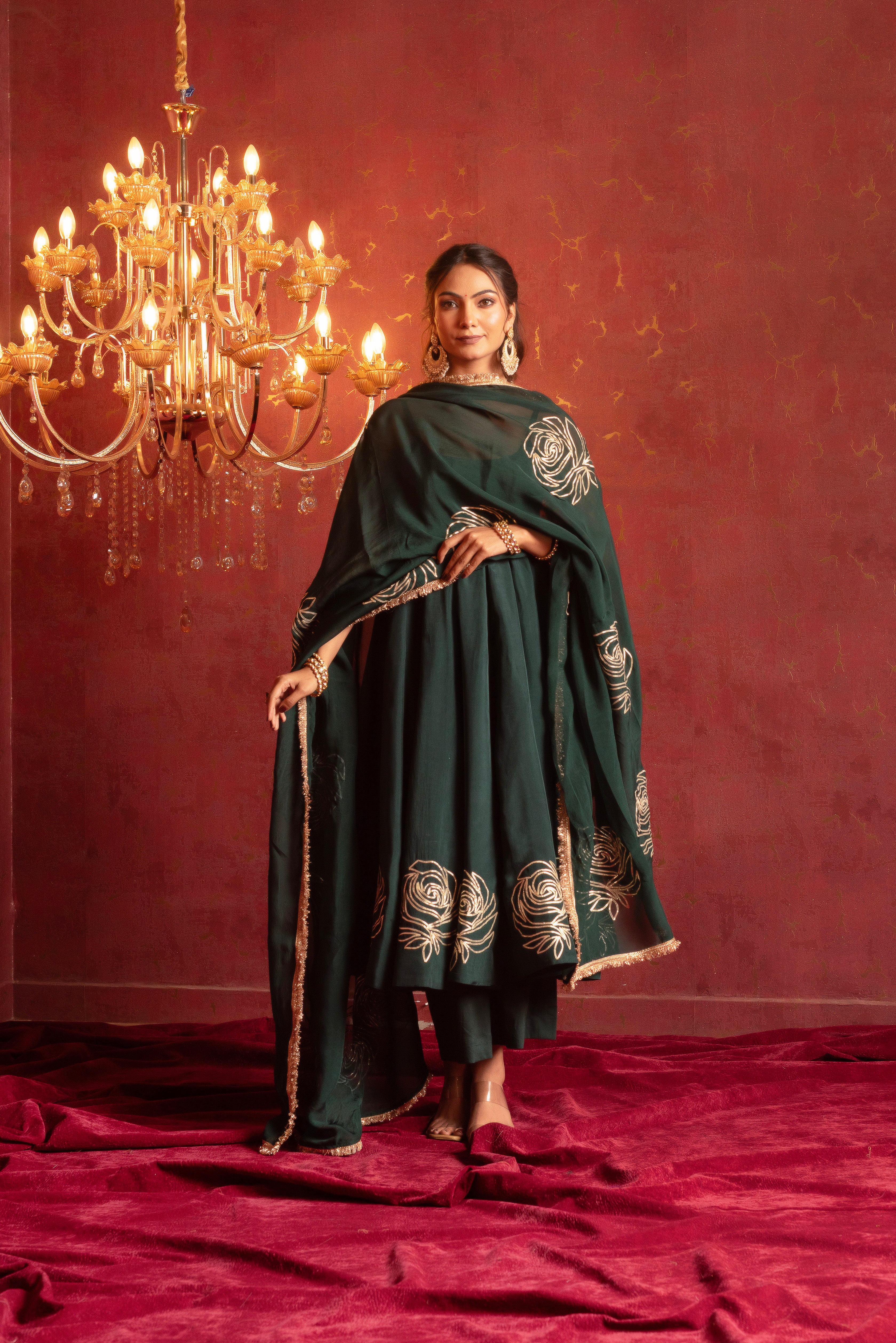 GULFIZAN GOLD ROSE EMERALD GOTA PATTI ANARKALI SET WITH ORGANZA DUPATTA