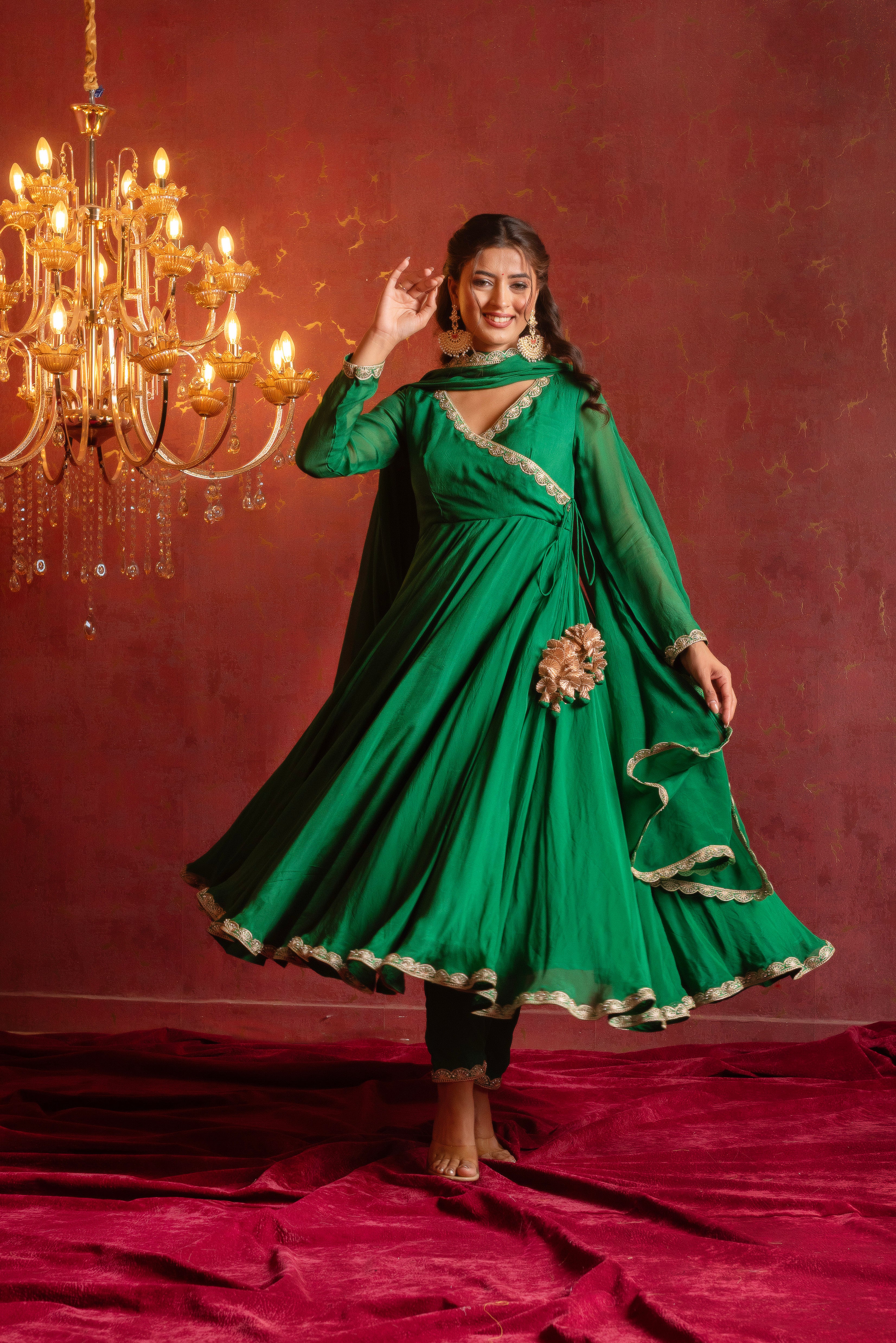 GULFIZAN HARIYALI GREEN ORGANZA ANGRAKHA SET WITH ORGANZA DUPATTA