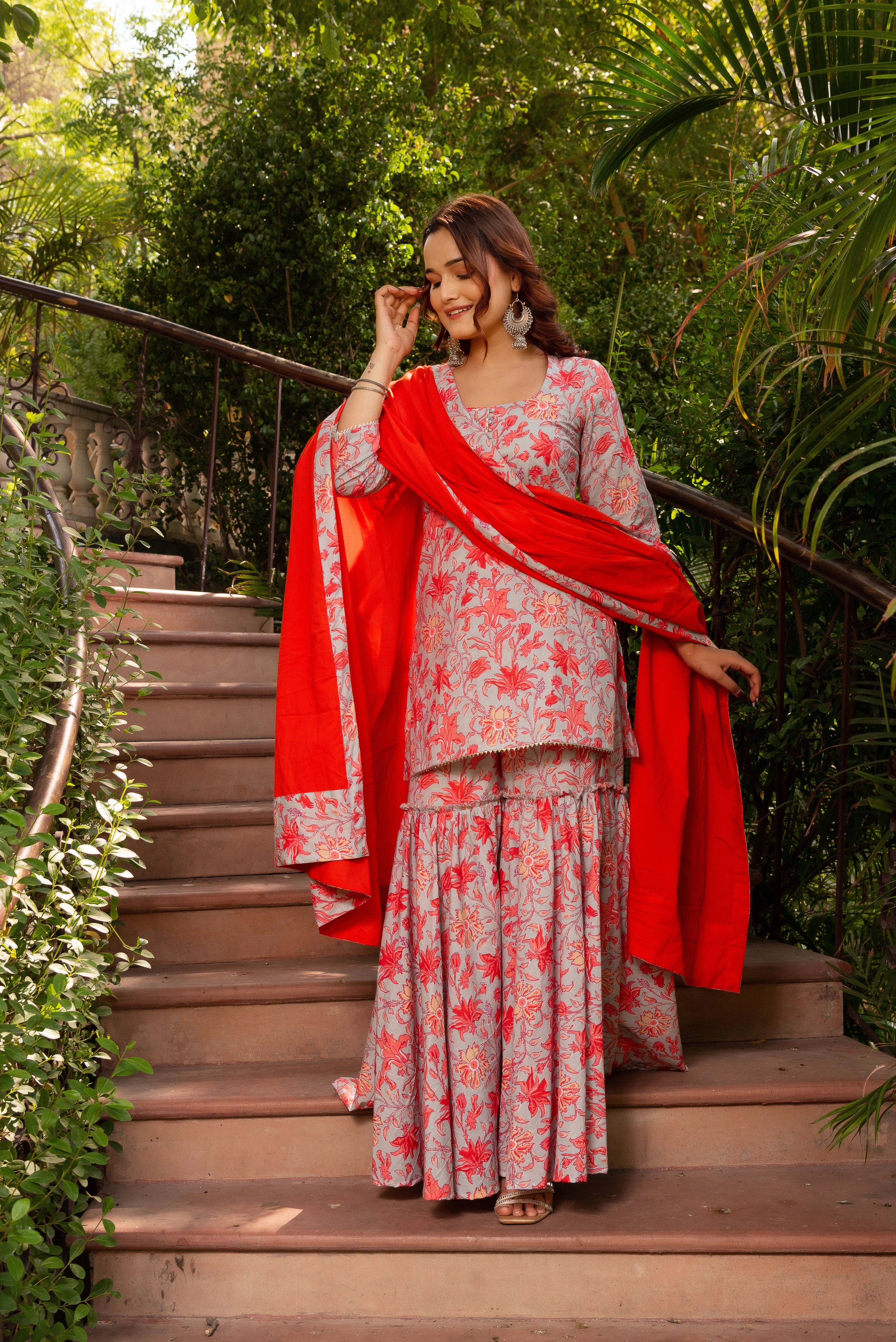 RED COTTON HAND BLOCK PRINT FAMILY OUTFIT COMBO