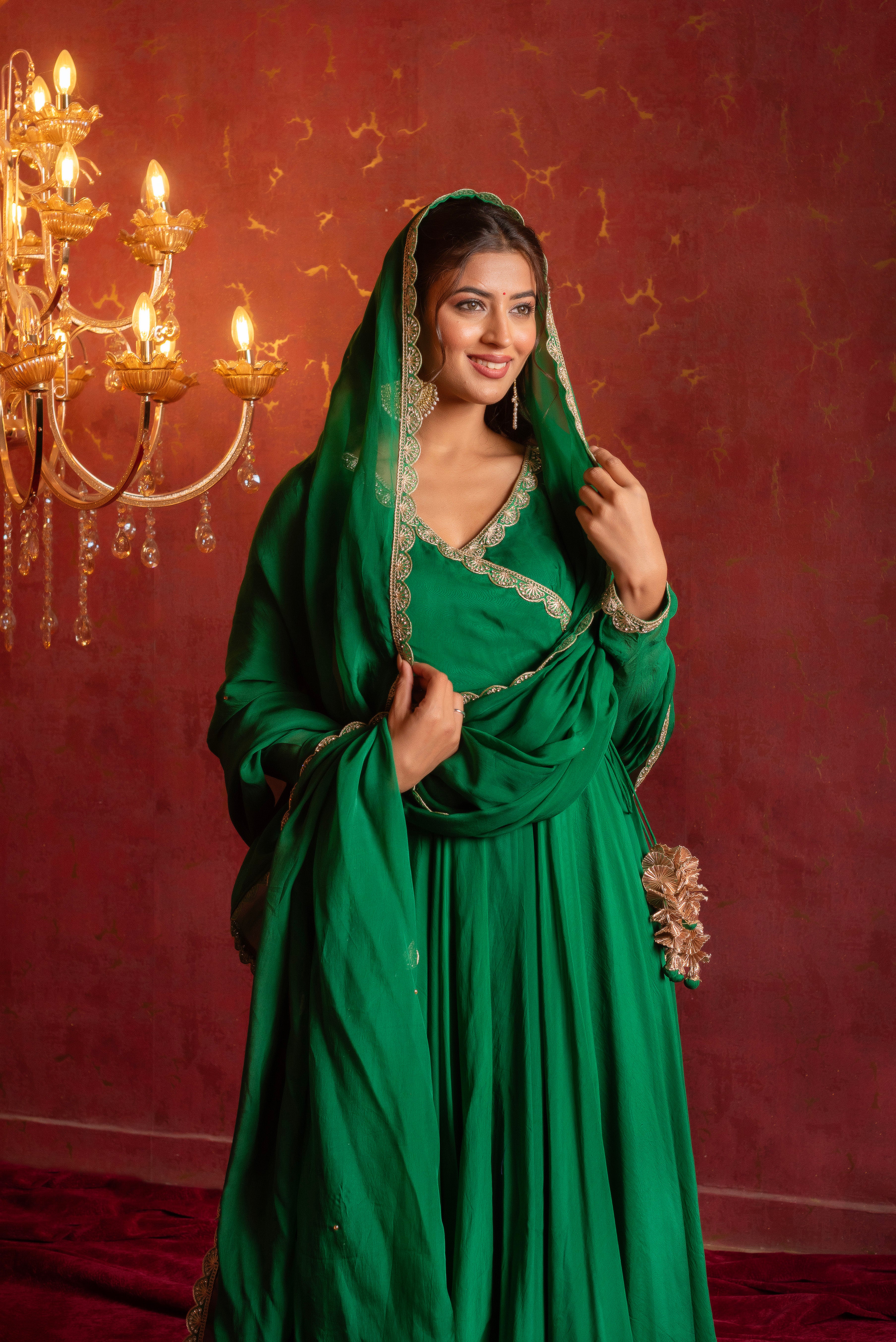 GULFIZAN HARIYALI GREEN ORGANZA ANGRAKHA SET WITH ORGANZA DUPATTA