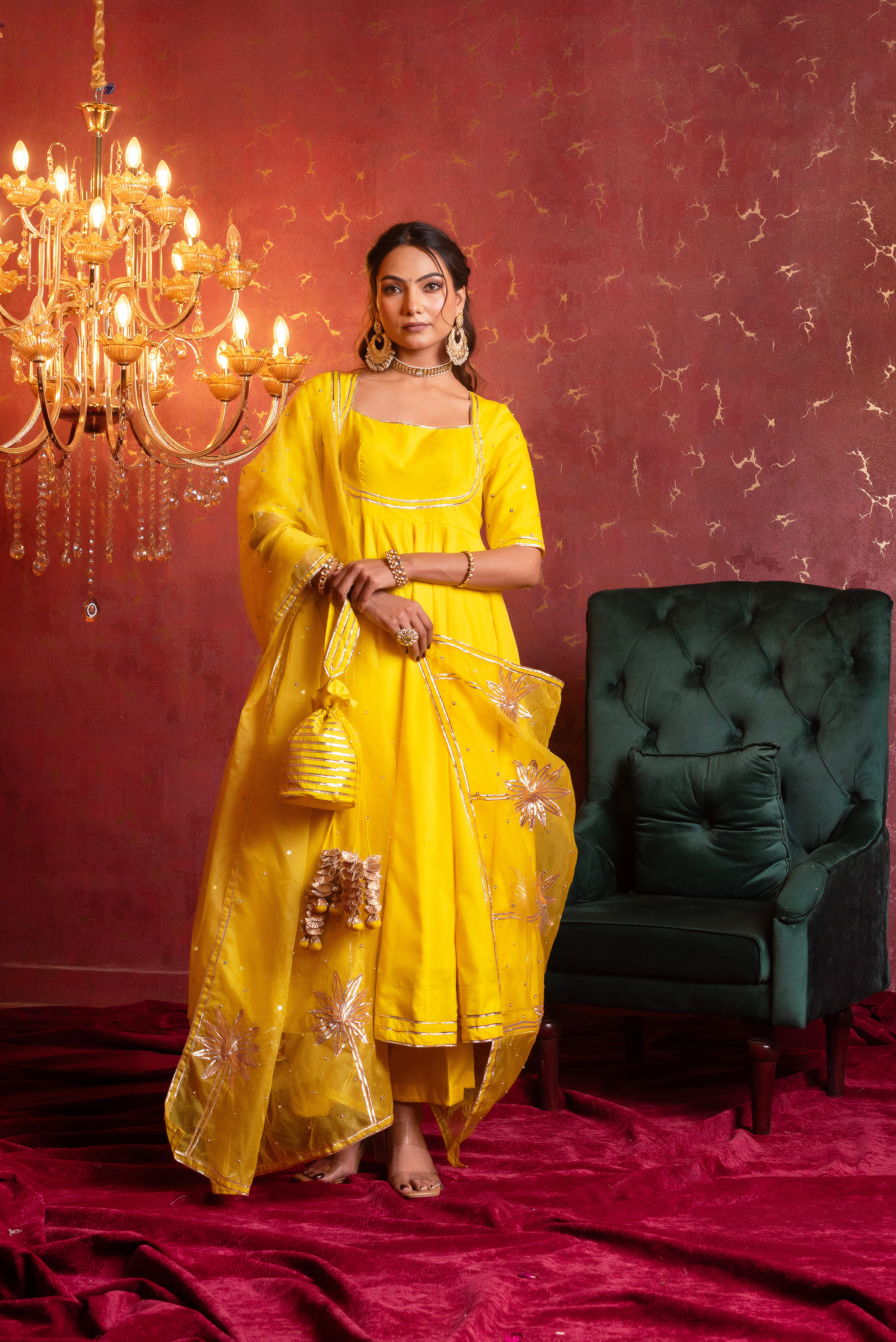 GULFIZAN BASANTI PEELA ORGANZA GOTA-PATTI ANARKALI SUIT SET WITH ORGANZA DUPATTA