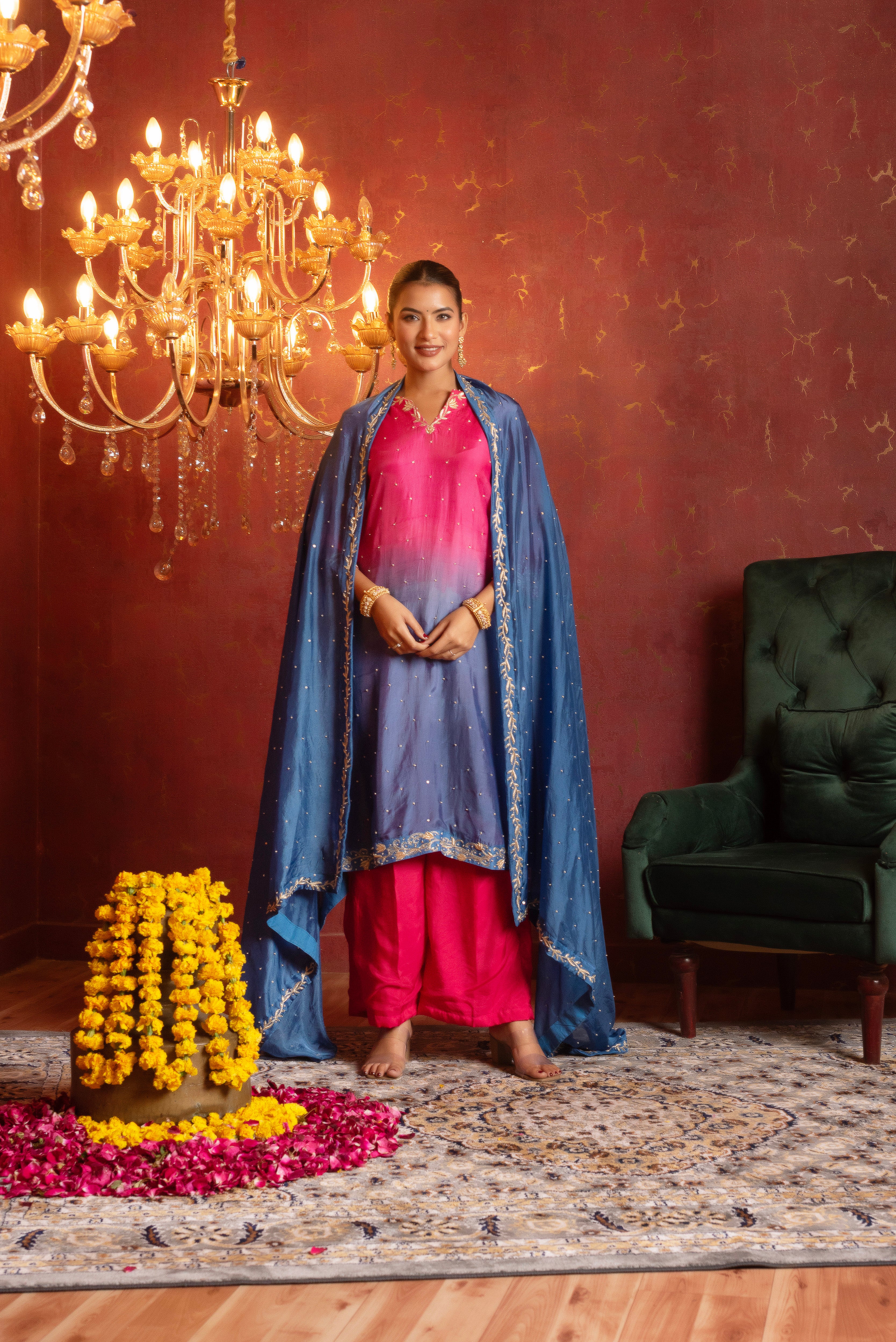 GULFIZAN SILK TWO TONE ZARDOZI AND AARI TARI HAND WORK STRAIGHT SUIT SET WITH SILK DUPATTA