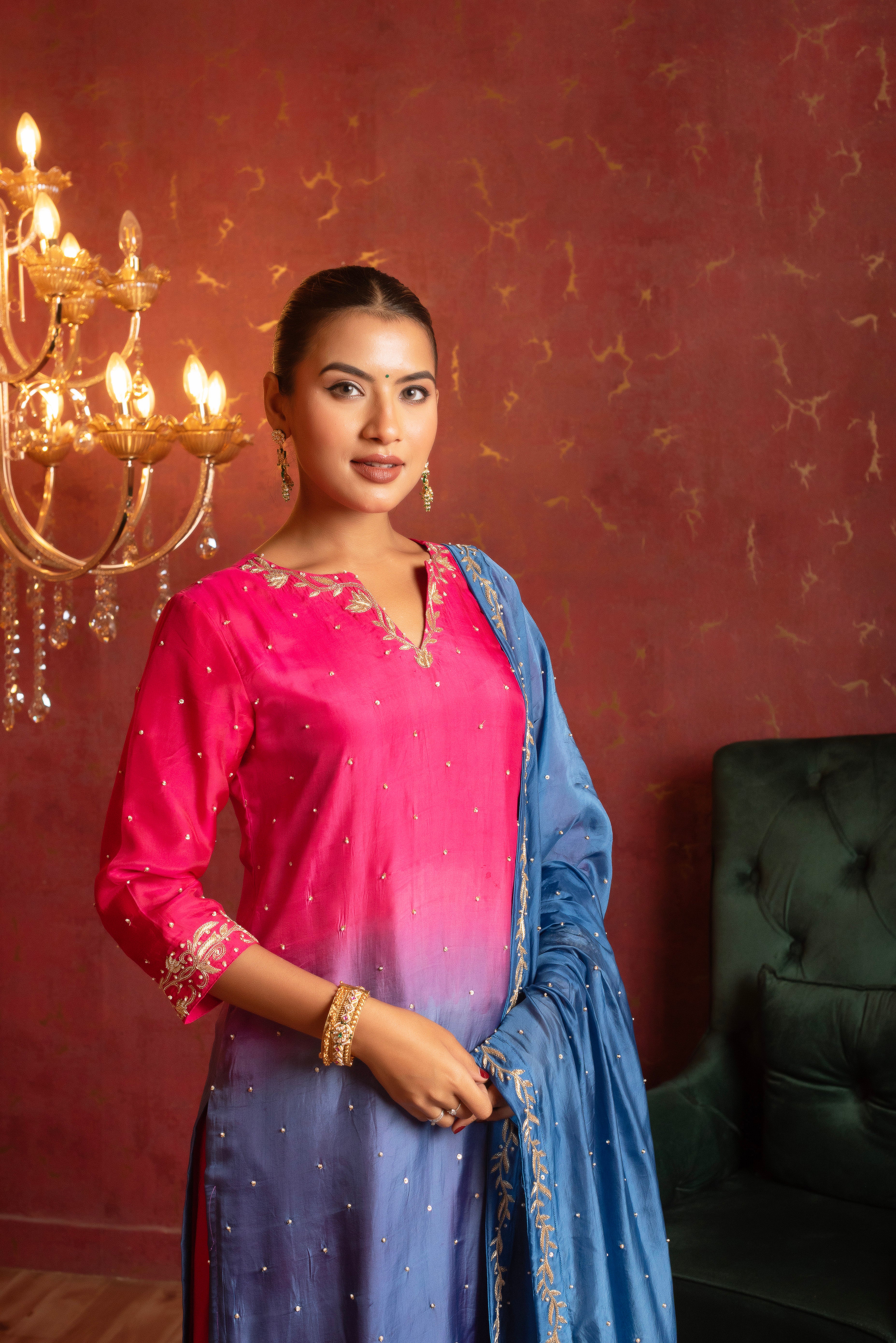GULFIZAN SILK TWO TONE ZARDOZI AND AARI TARI HAND WORK STRAIGHT SUIT SET WITH SILK DUPATTA