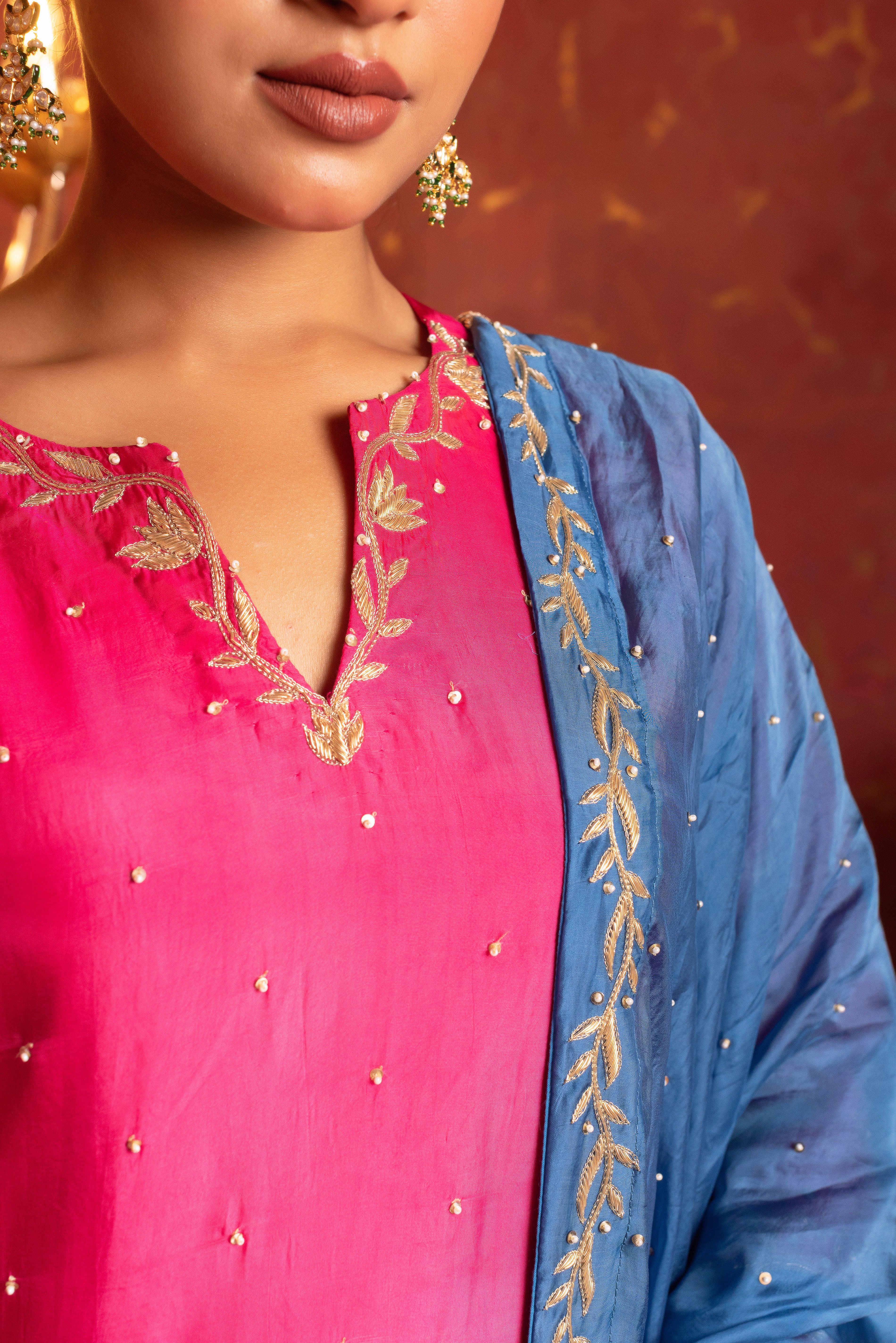 GULFIZAN SILK TWO TONE ZARDOZI AND AARI TARI HAND WORK STRAIGHT SUIT SET WITH SILK DUPATTA