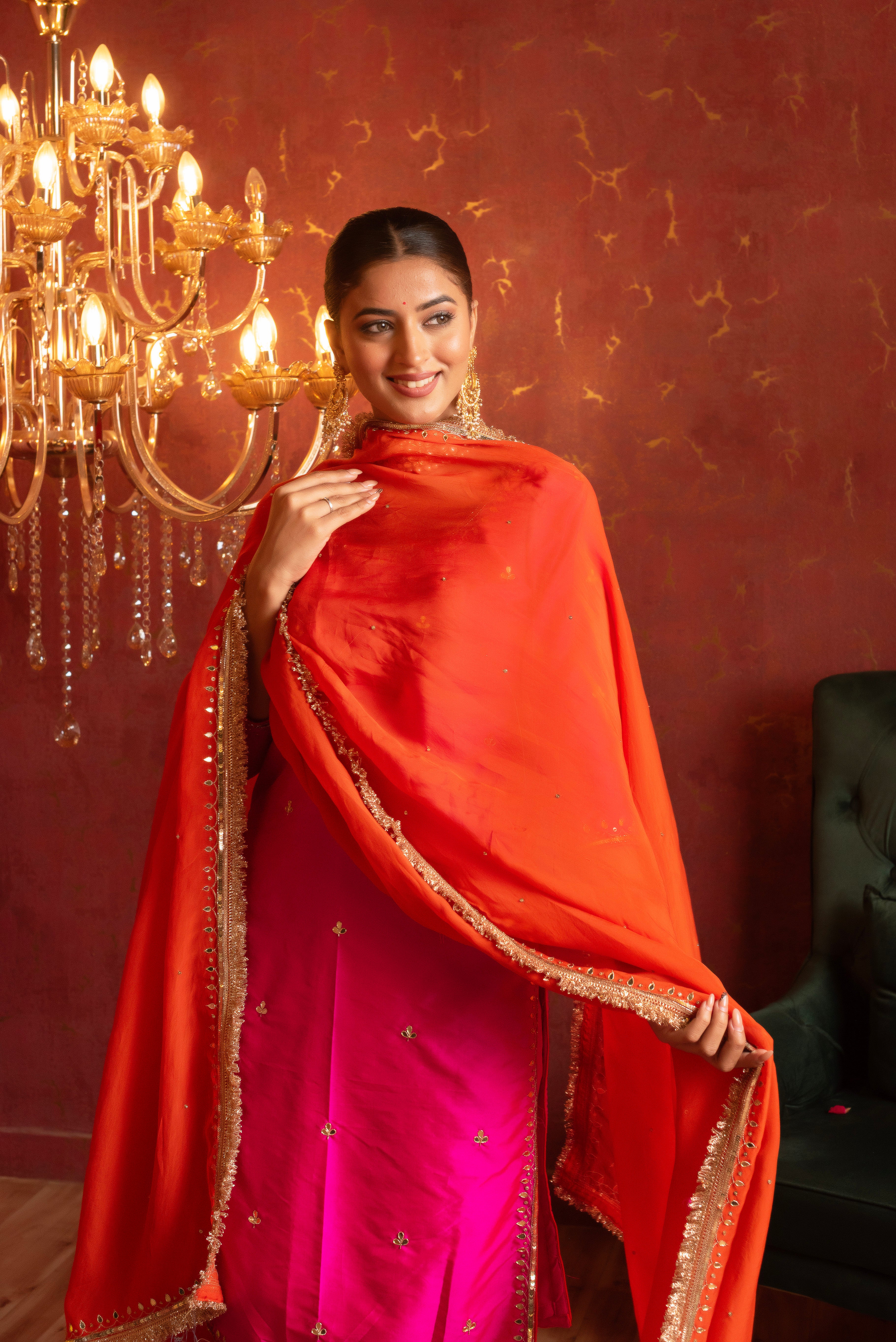 GULFIZAN HOT PINK TAFFETA HANDWORK STRAIGHT SUIT WITH ORANGE ORGANZA DUPATTA