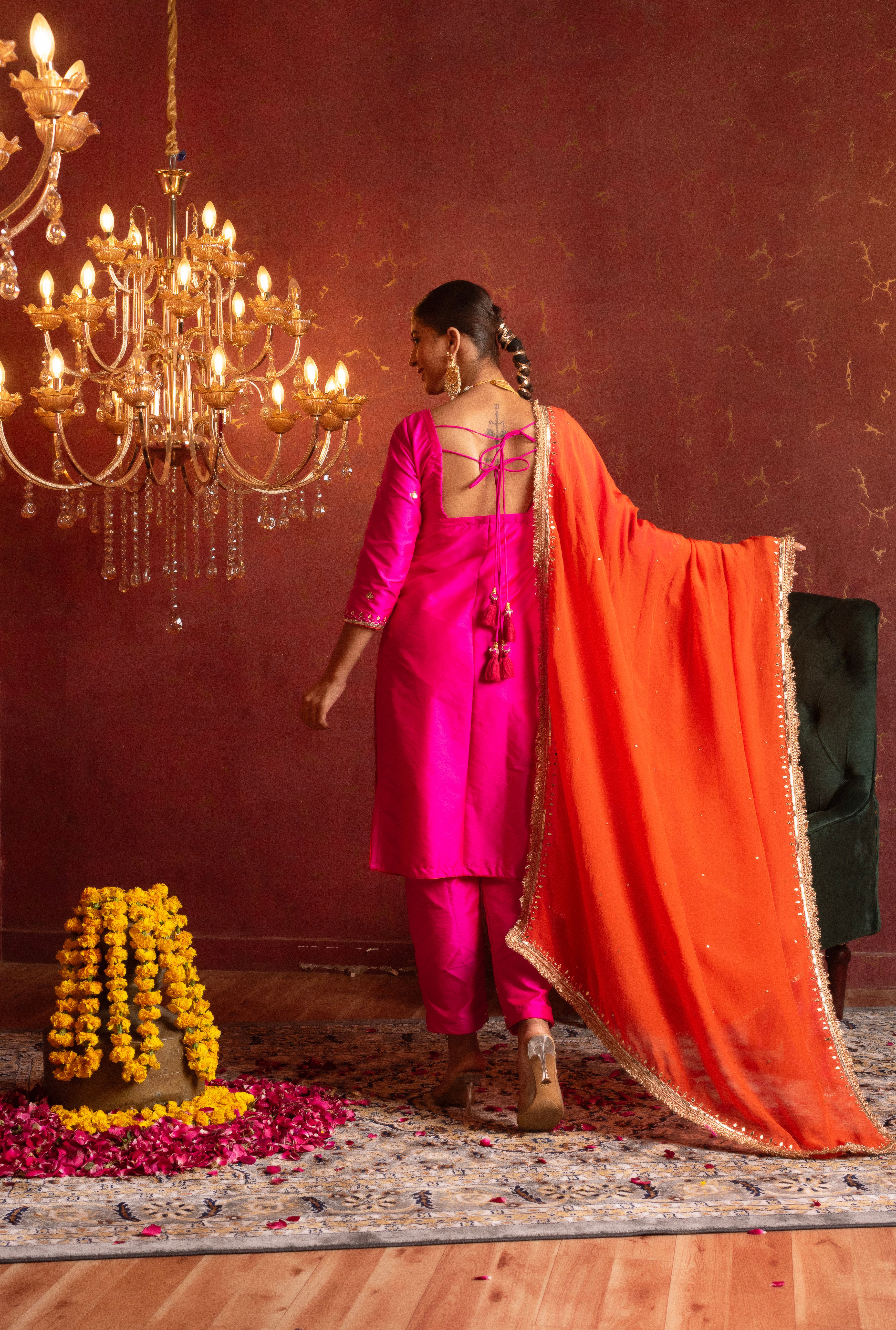 GULFIZAN HOT PINK TAFFETA HANDWORK STRAIGHT SUIT WITH ORANGE ORGANZA DUPATTA
