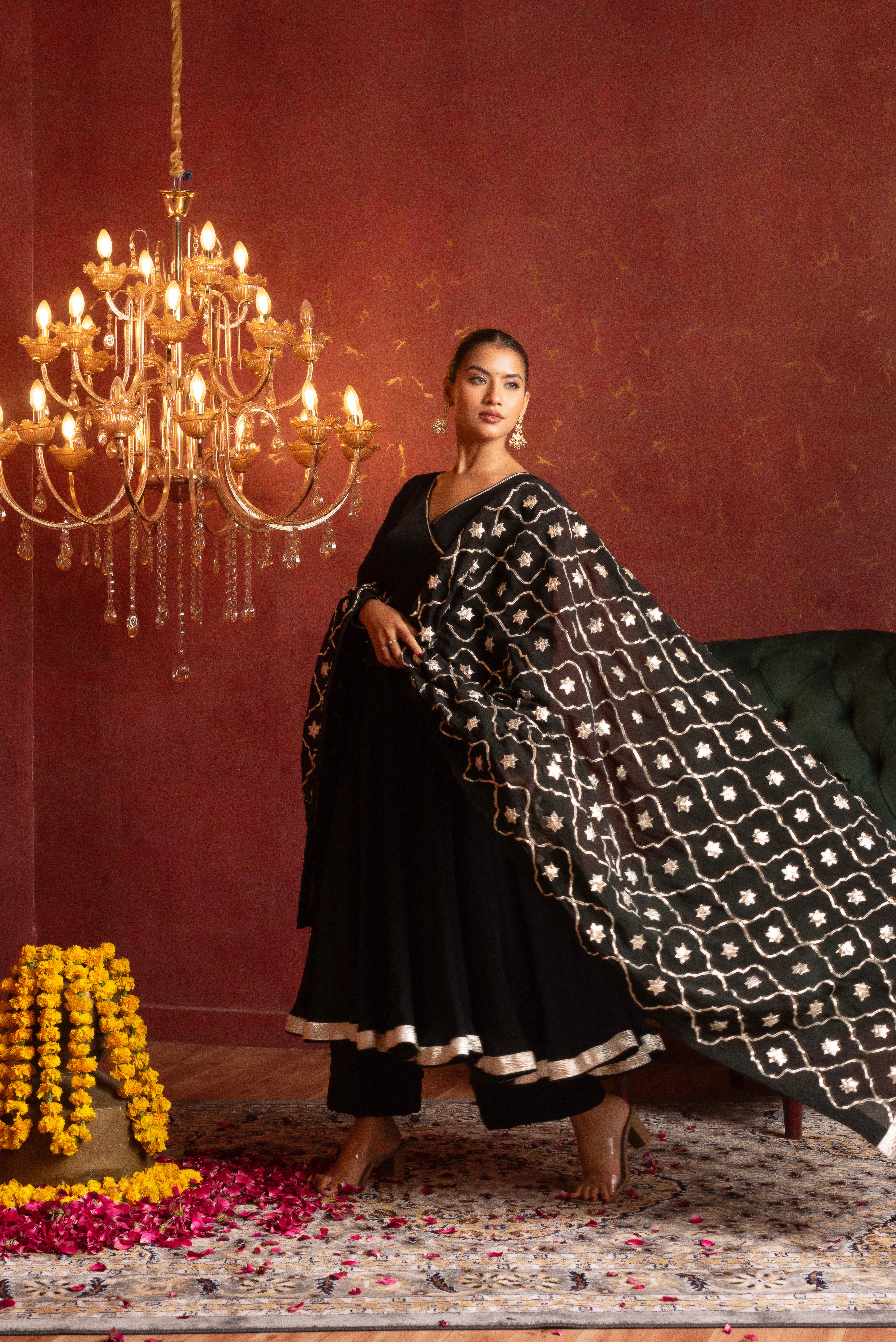 GULFIZAN SHAHI BLACK ORGANZA ANGRAKHA SET WITH GOTA PATTI ORGANZA DUPATTA