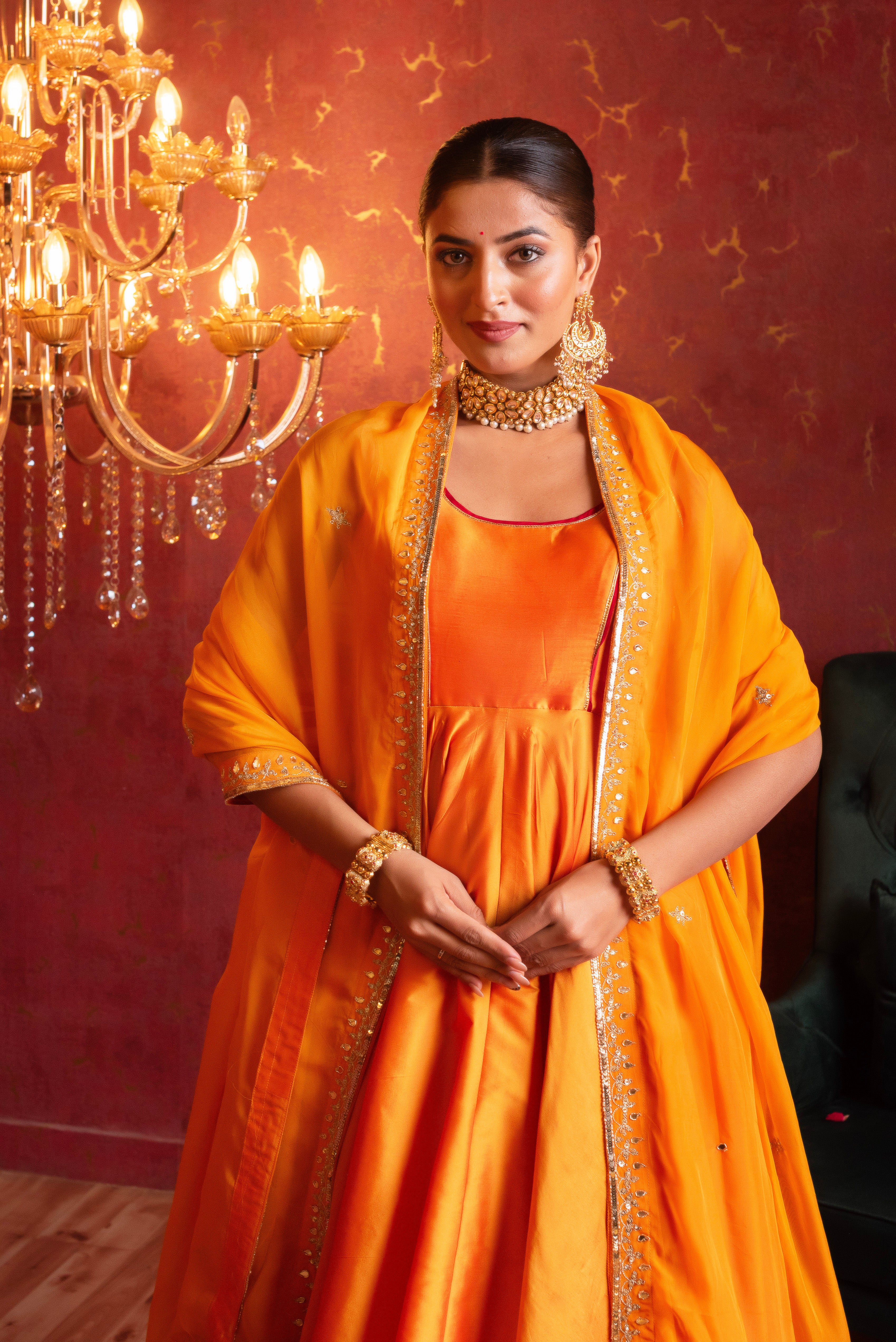 GULFIZAN SAFFRON RADIANCE TAFFETA ANARKALI SUIT SET WITH ORGANZA AARI TAARI WORK DUPATTA