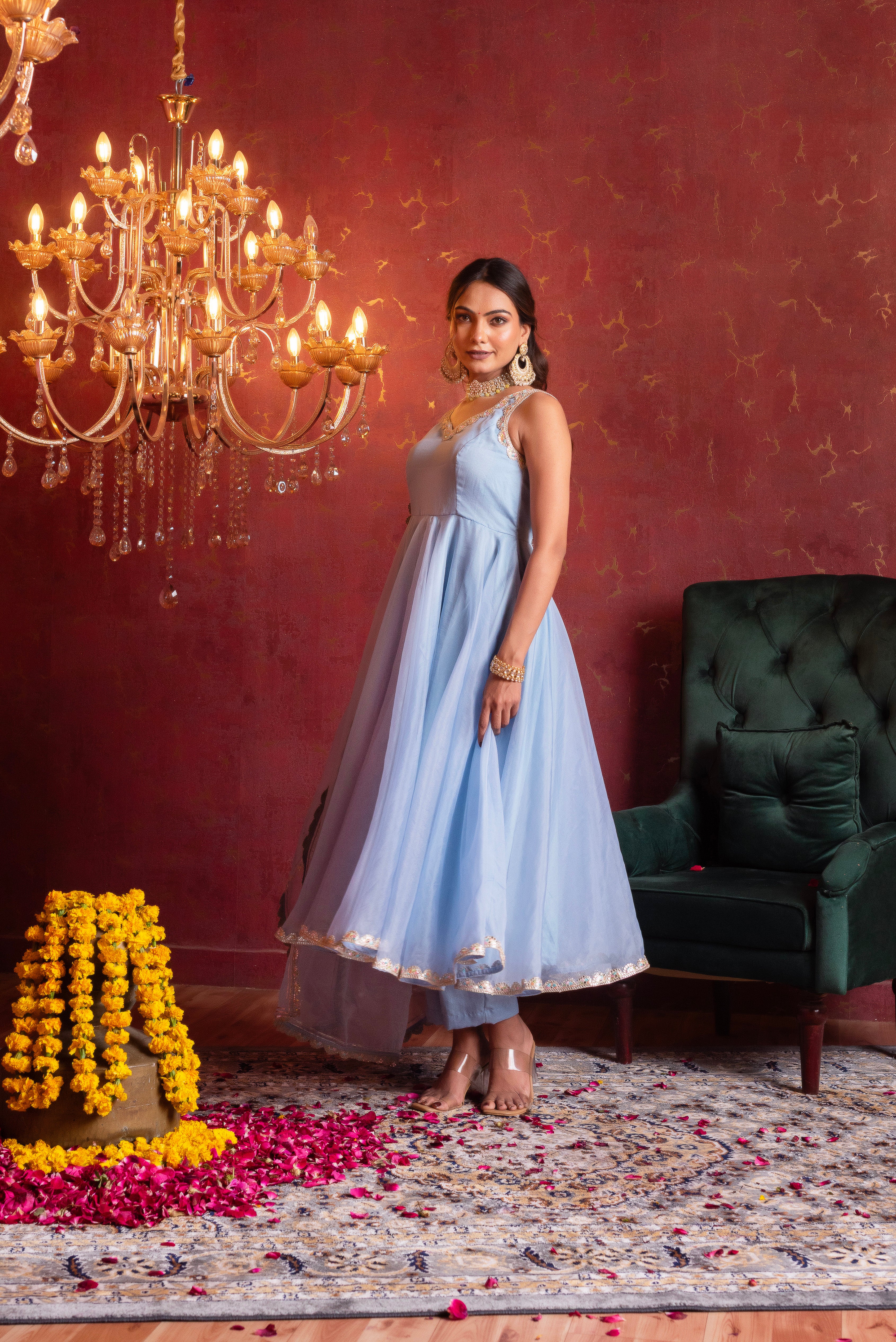GULFIZAN POWDER BLUE ORGANZA GOTA LACE ANARKALI SUIT SET WITH ORGANZA DUPATTA