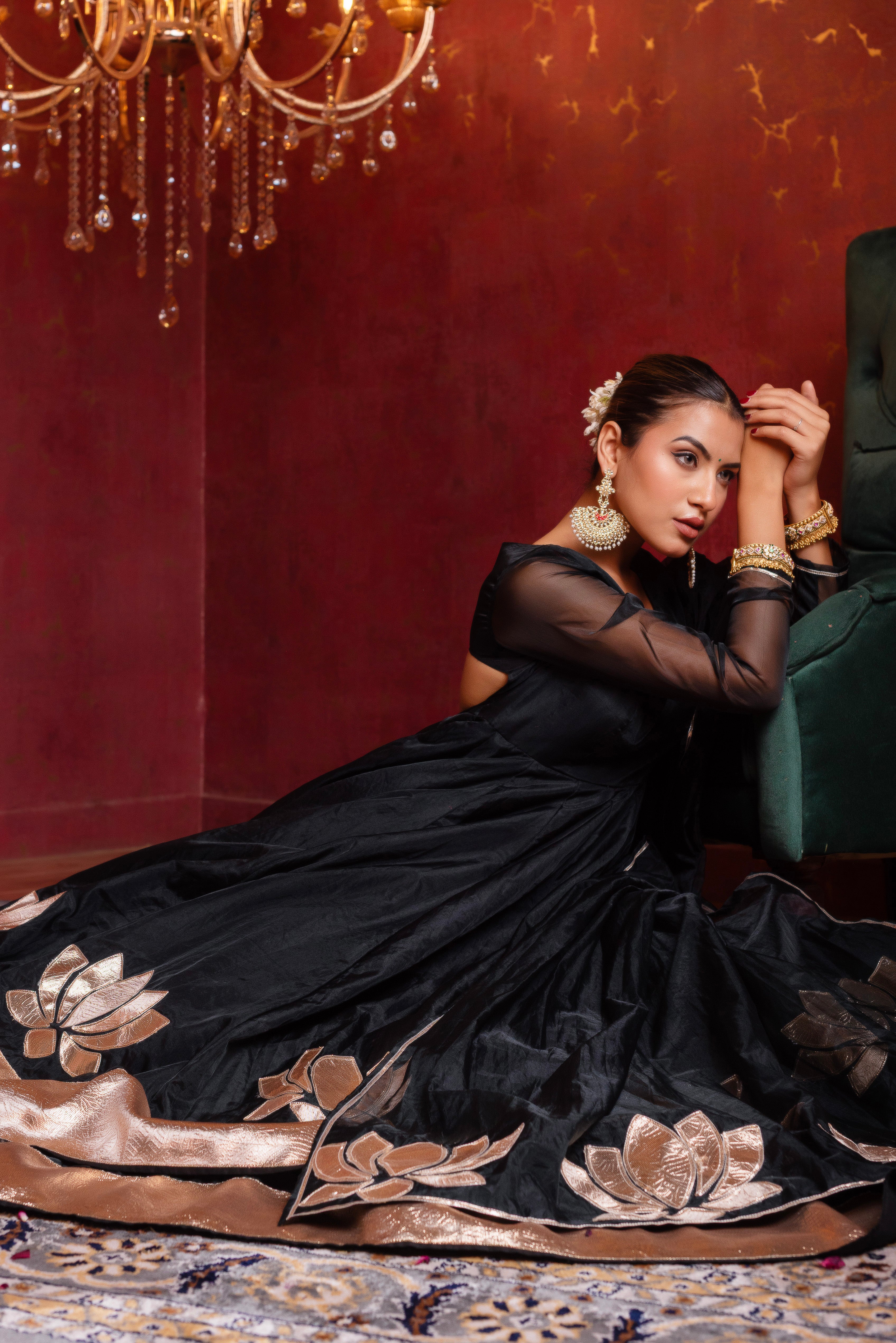 GULFIZAN BLACK GOLD MASTANI ORGANZA KALIDAR ANARKALI SUIT SET WITH ORGANZA DUPATTA