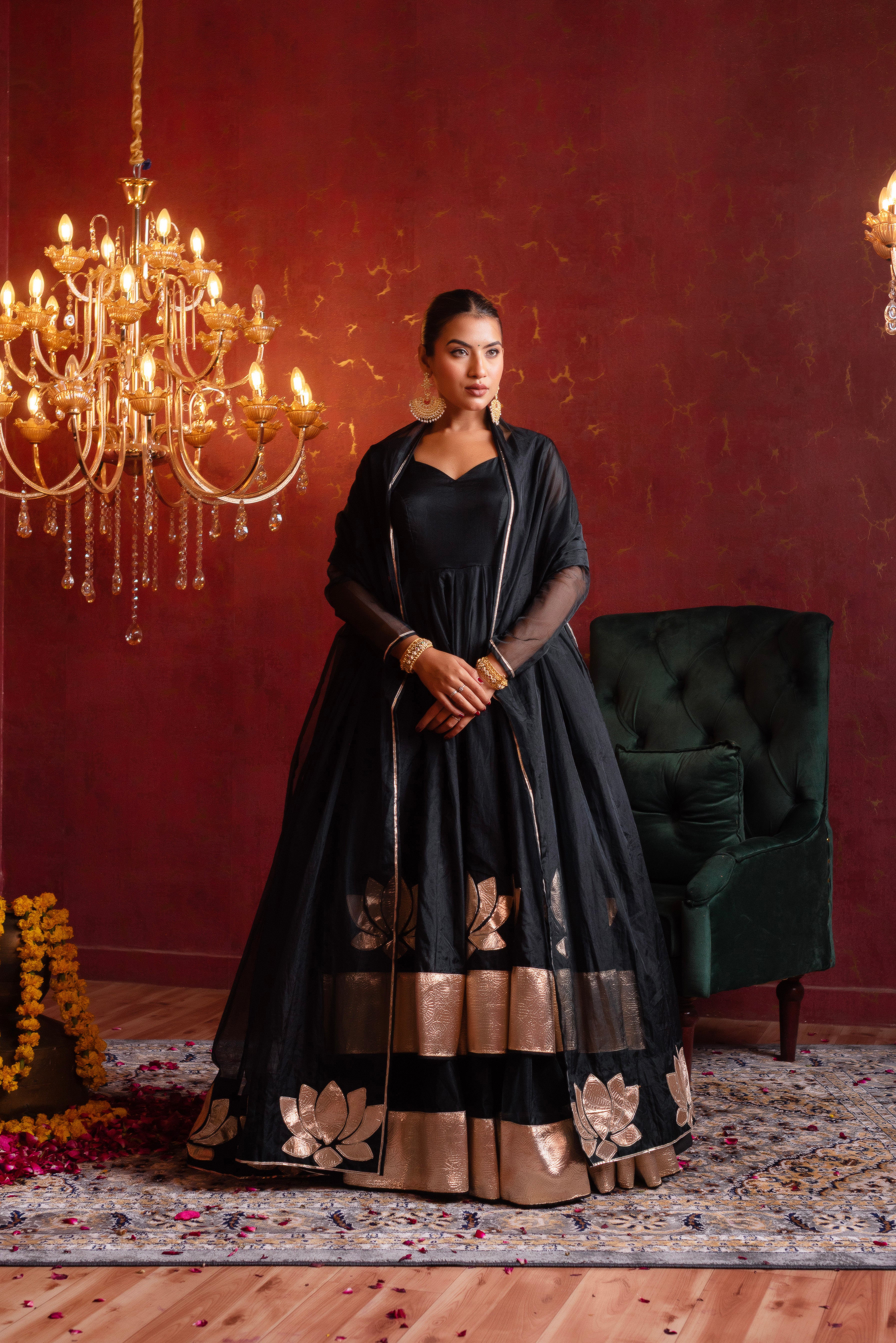 GULFIZAN BLACK GOLD MASTANI ORGANZA KALIDAR ANARKALI SUIT SET WITH ORGANZA DUPATTA