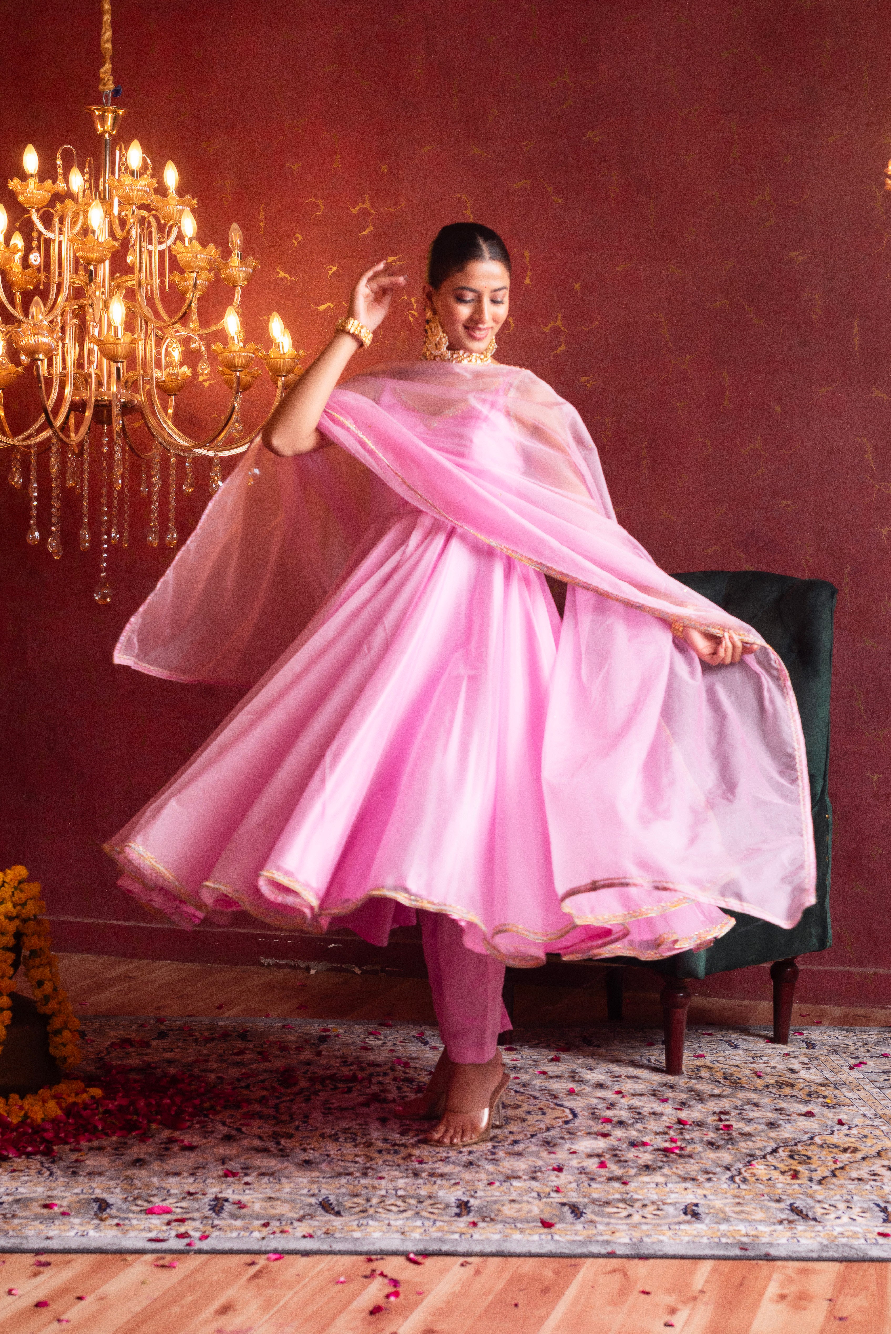 GULFIZAN BLUSH PINK ORGANZA ANARKALI SUIT SET WITH ORGANZA DUPATTA