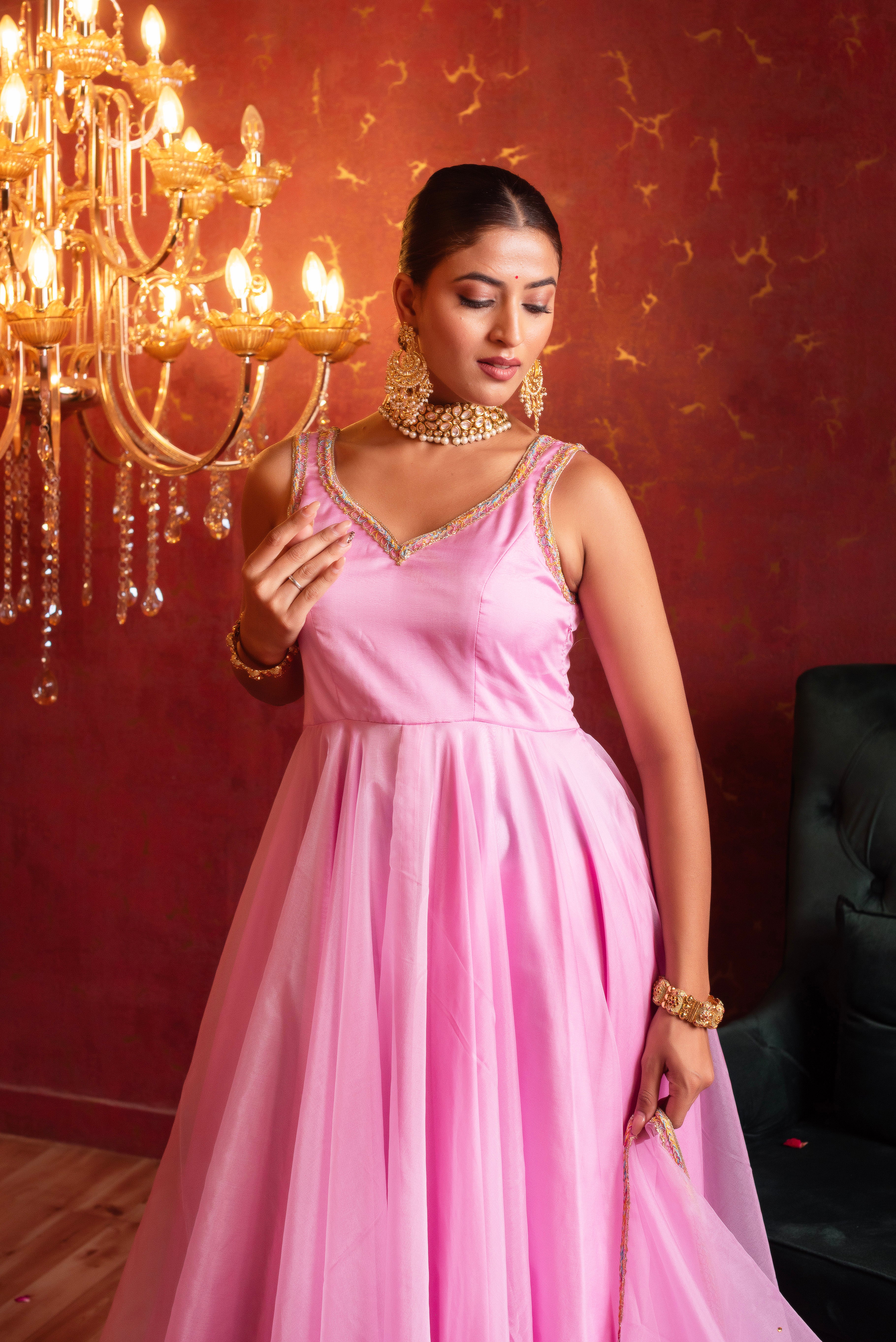 GULFIZAN BLUSH PINK ORGANZA ANARKALI SUIT SET WITH ORGANZA DUPATTA