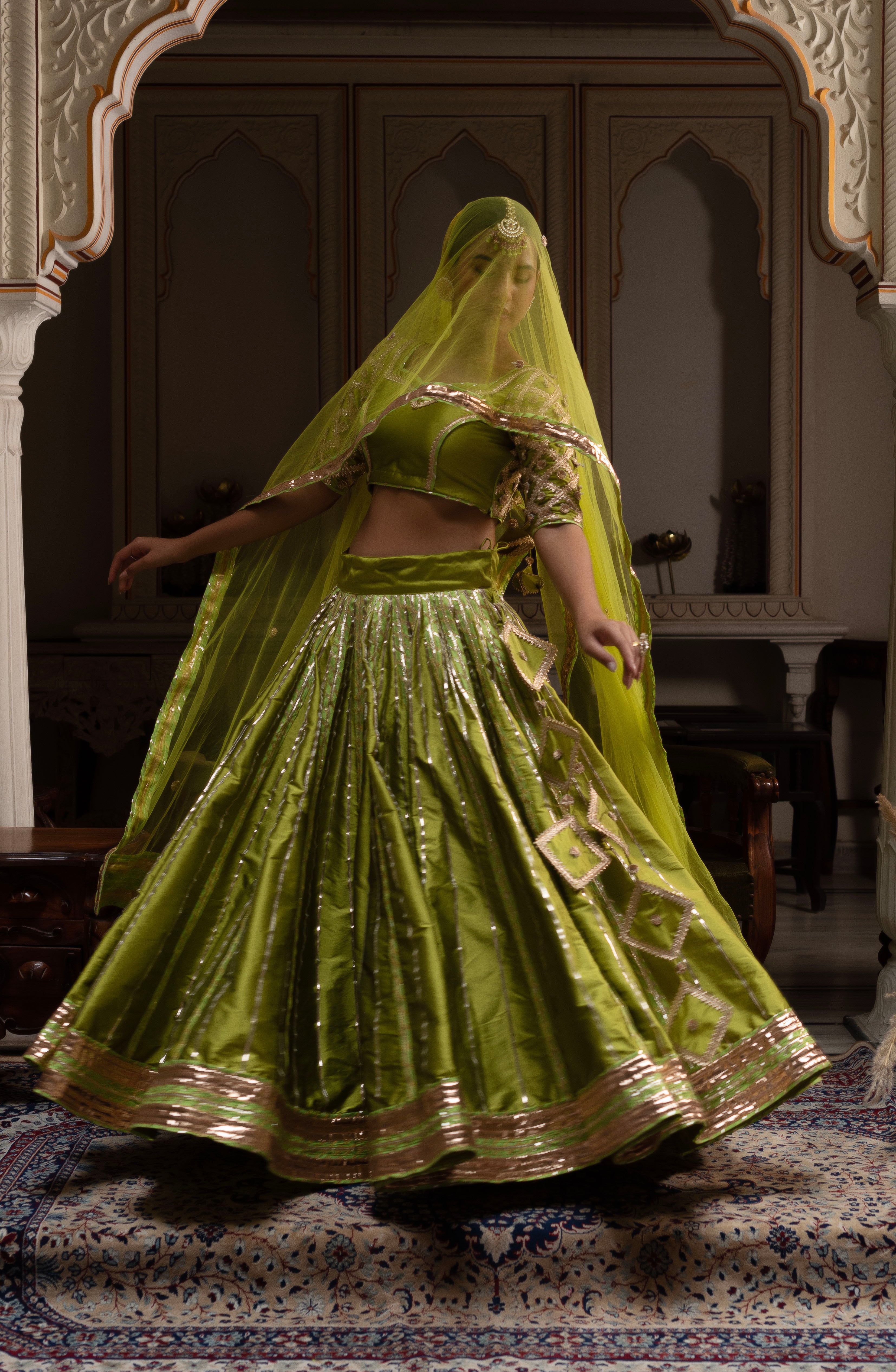 GULABI GALIYAN MEERA GULAAL GREEN GOTA PATTI TAFFETS SILK LEHENGA SET WITH SOFT NET DUPATTA