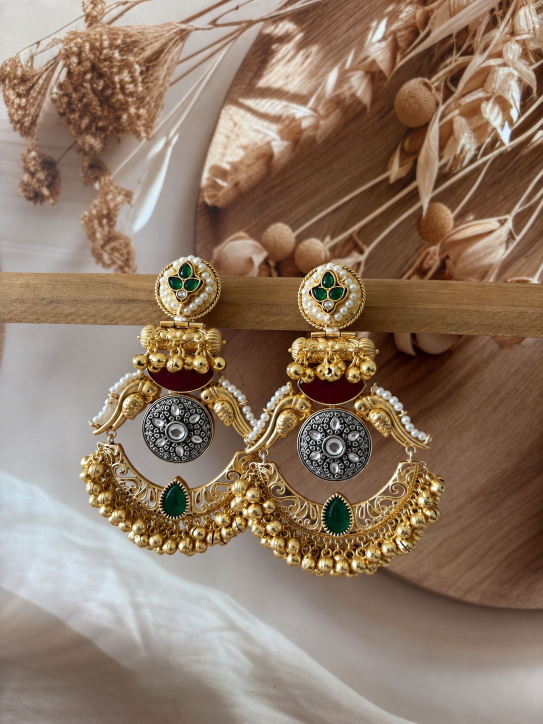 GOLD AND SILVER TONE KUNDAN STONE JHUMKA SET