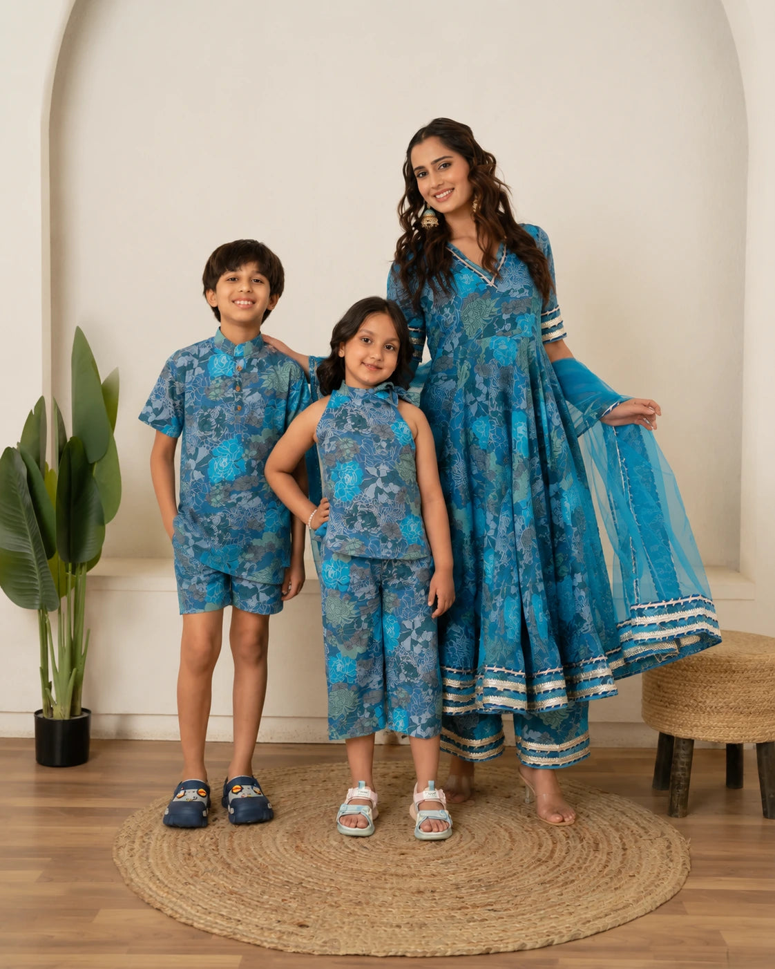 COTTON HAND BLOCK PRINT BLUE BLOSSOM FAMILY OUTFIT COMBO