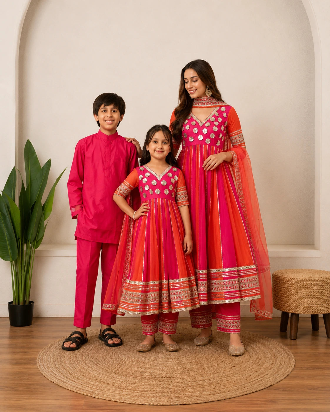 ORANGE PINK SOFT ORGANZA GOTA PATTI FAMILY OUTFIT COMBO