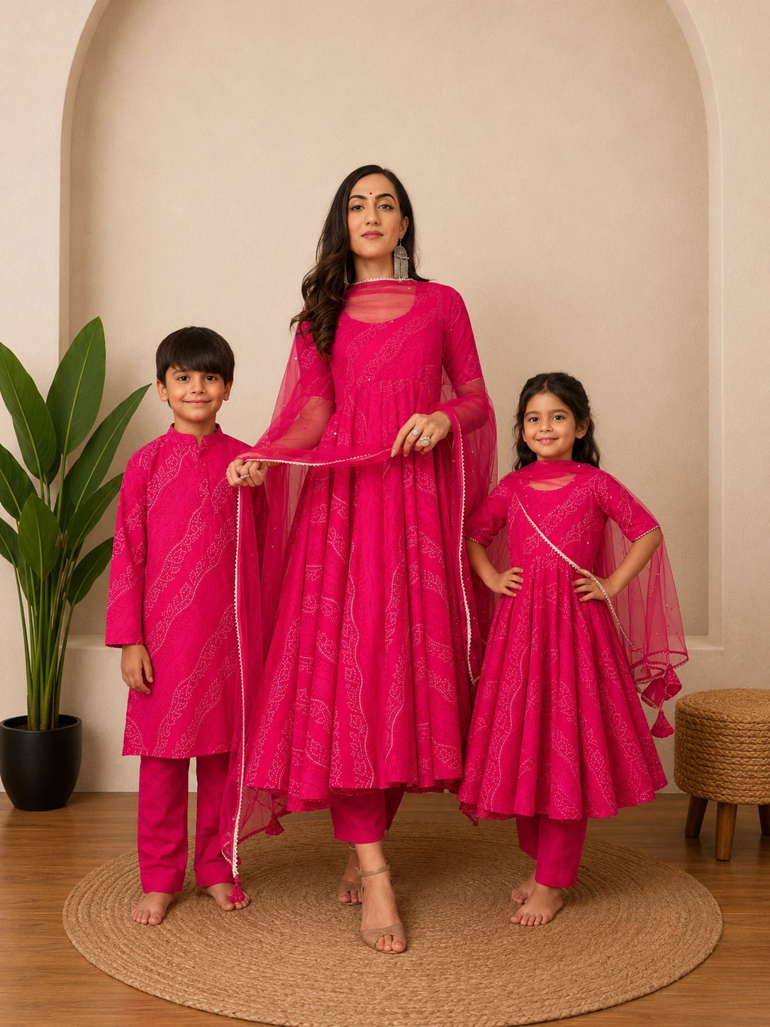 PINK BANDHEJ COTTON FAMILY OUTFIT COMBO