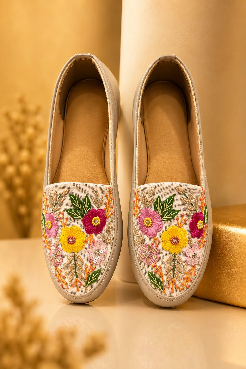 BEIGE MULTICOLOR FLORAL RESHAM & BEAD EMBROIDERED SHOES FOR WOMEN