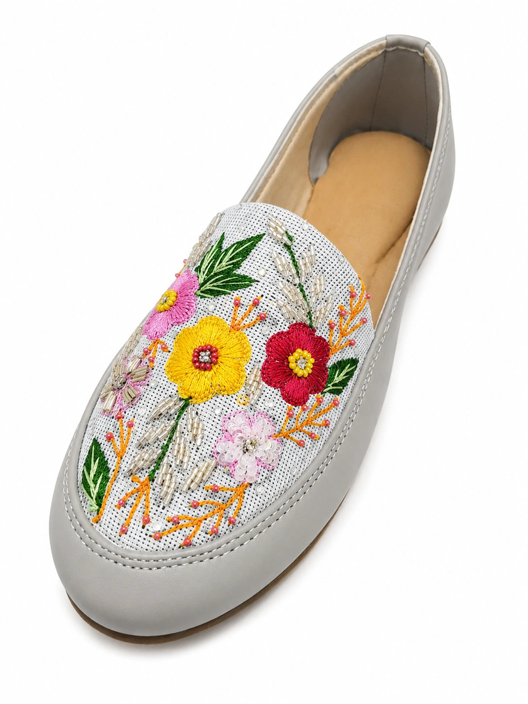 BEIGE MULTICOLOR FLORAL RESHAM & BEAD EMBROIDERED SHOES FOR WOMEN