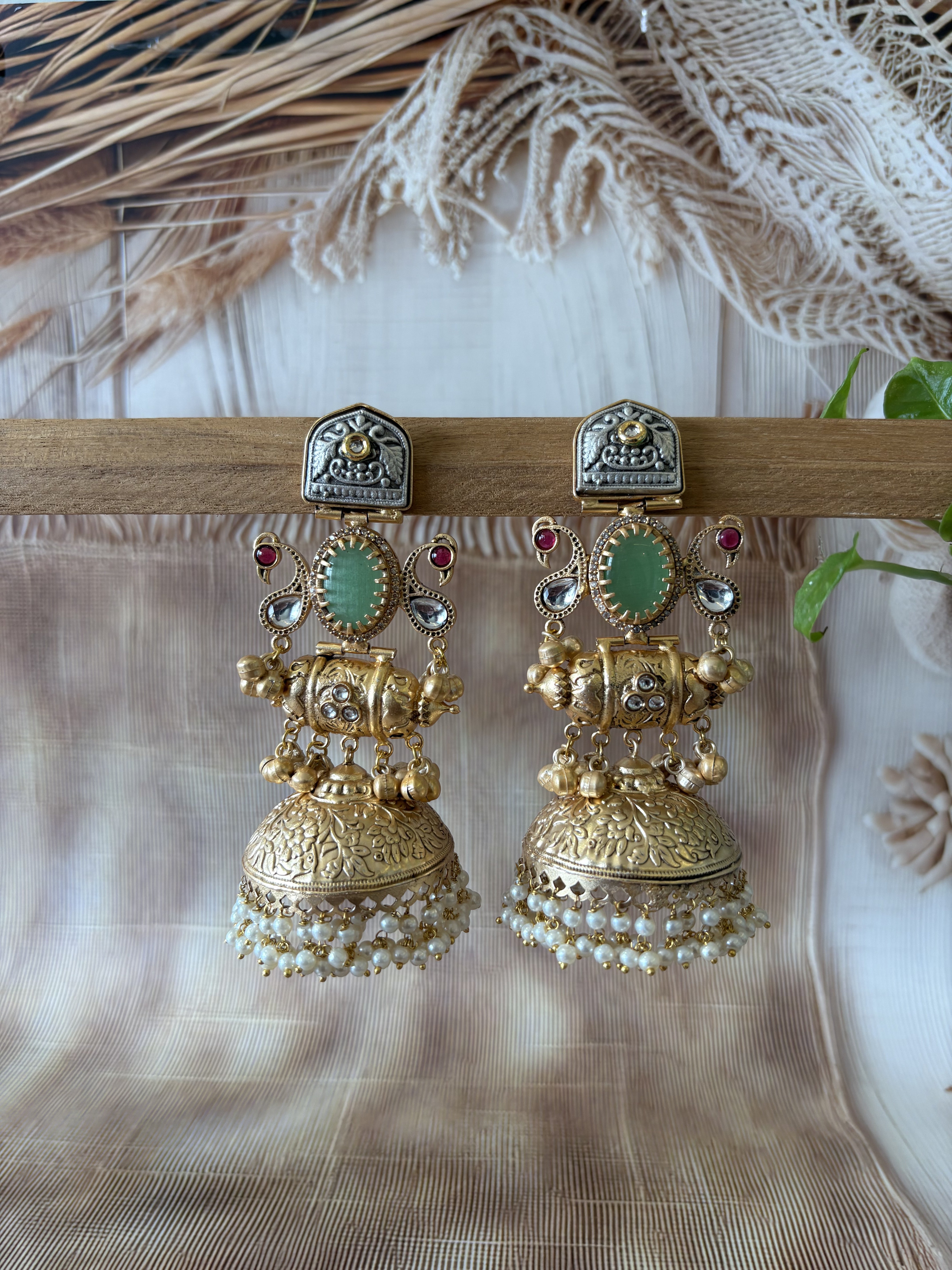 GULMOHAR GOLD AND SILVER STONE STUDDED EARRING SET