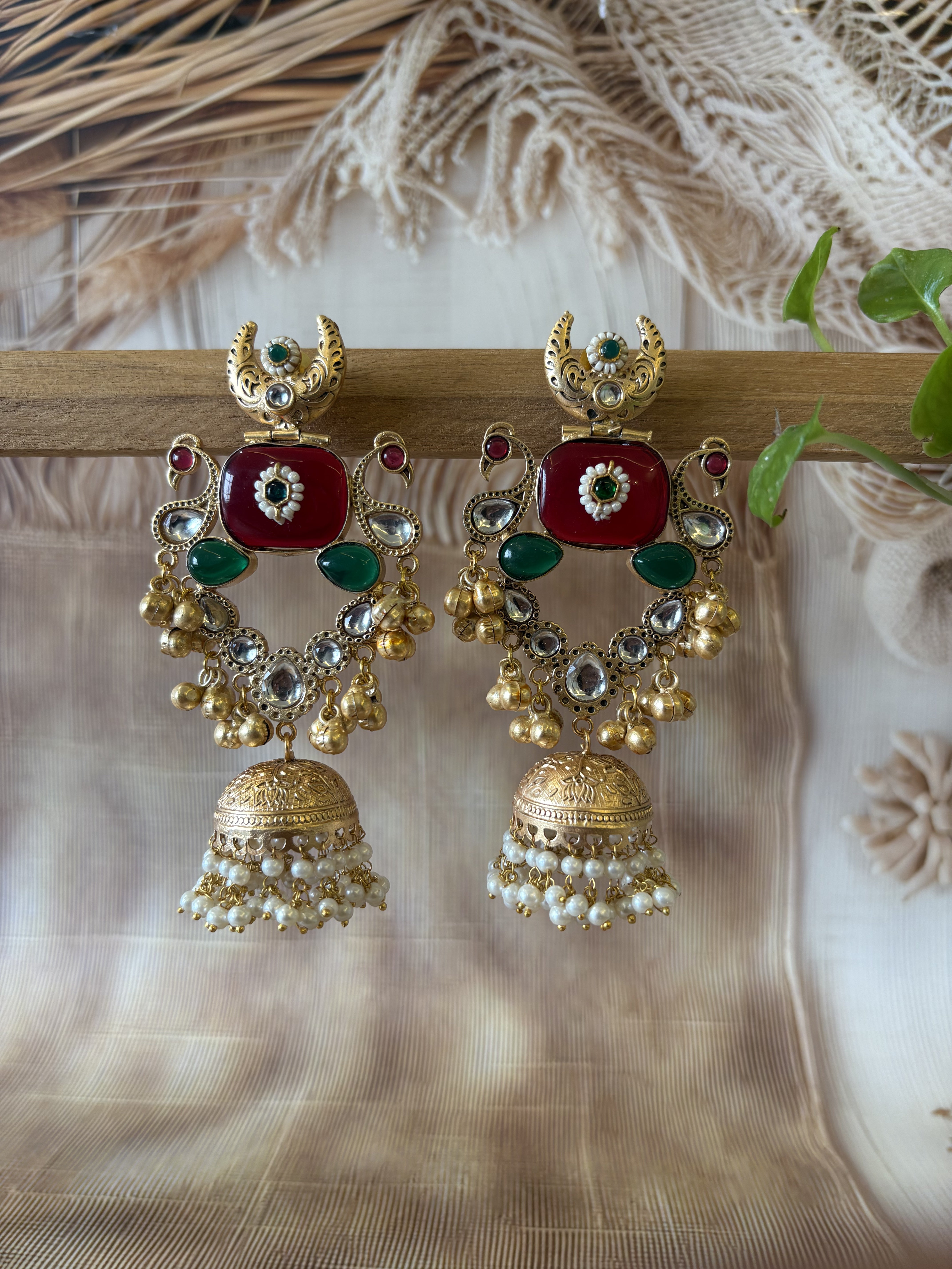 GOLD TONE GHUNGROO RED STONE DROP EARRING SET