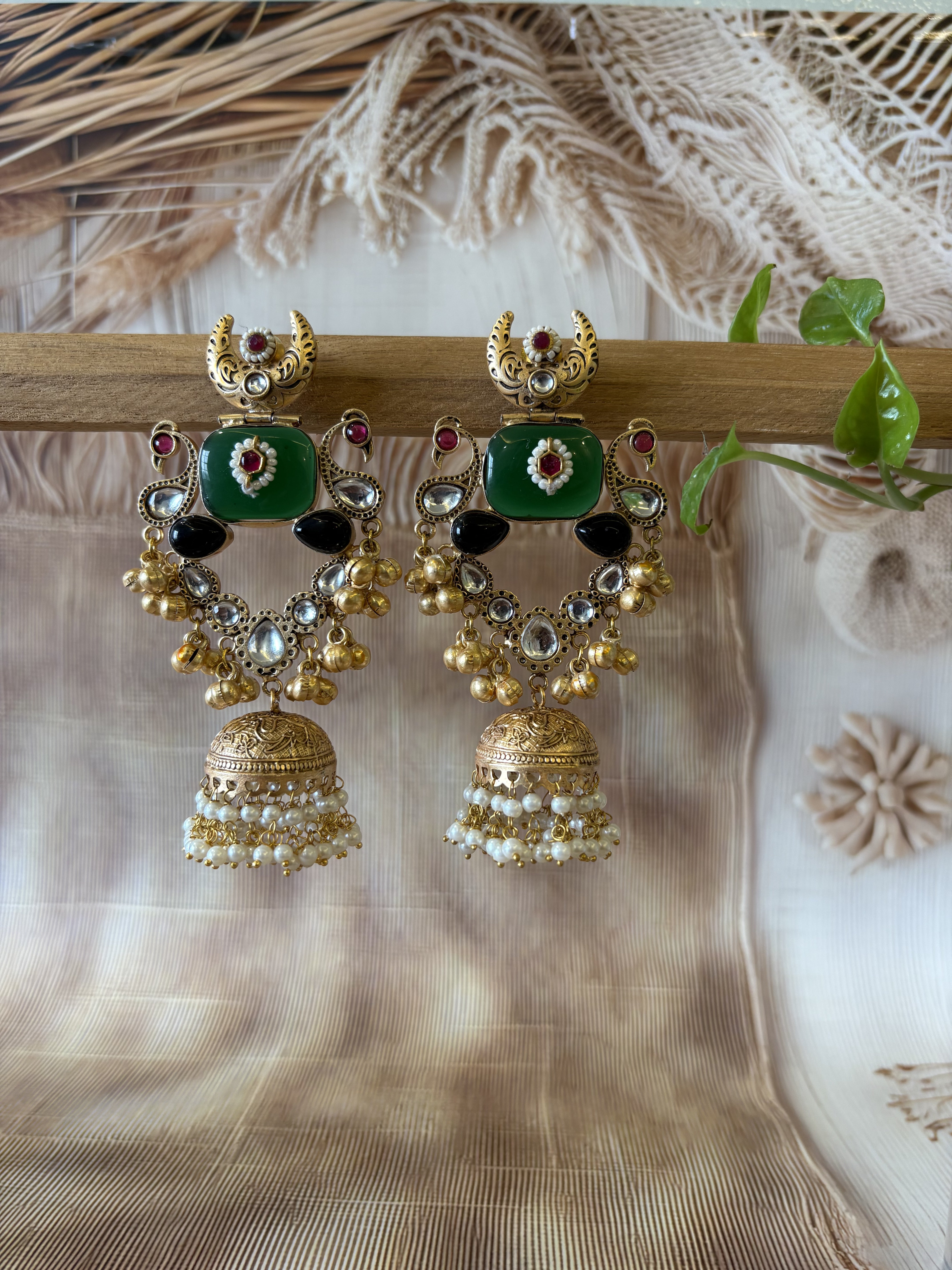 GOLD TONE GHUNGROO GREEN STONE DROP EARRING SET
