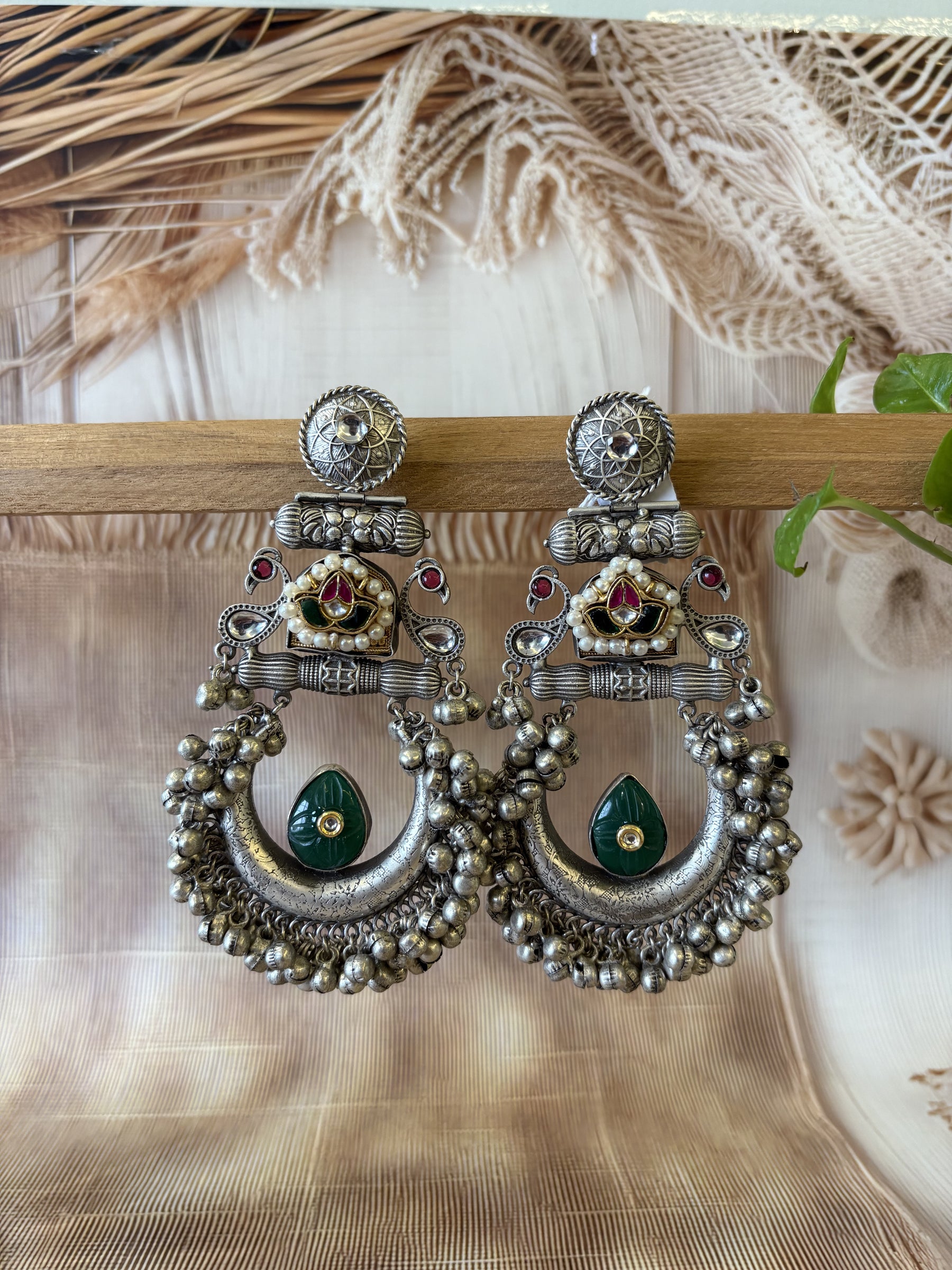 TULSI SILVER OXIDISED STONE EARRING SET