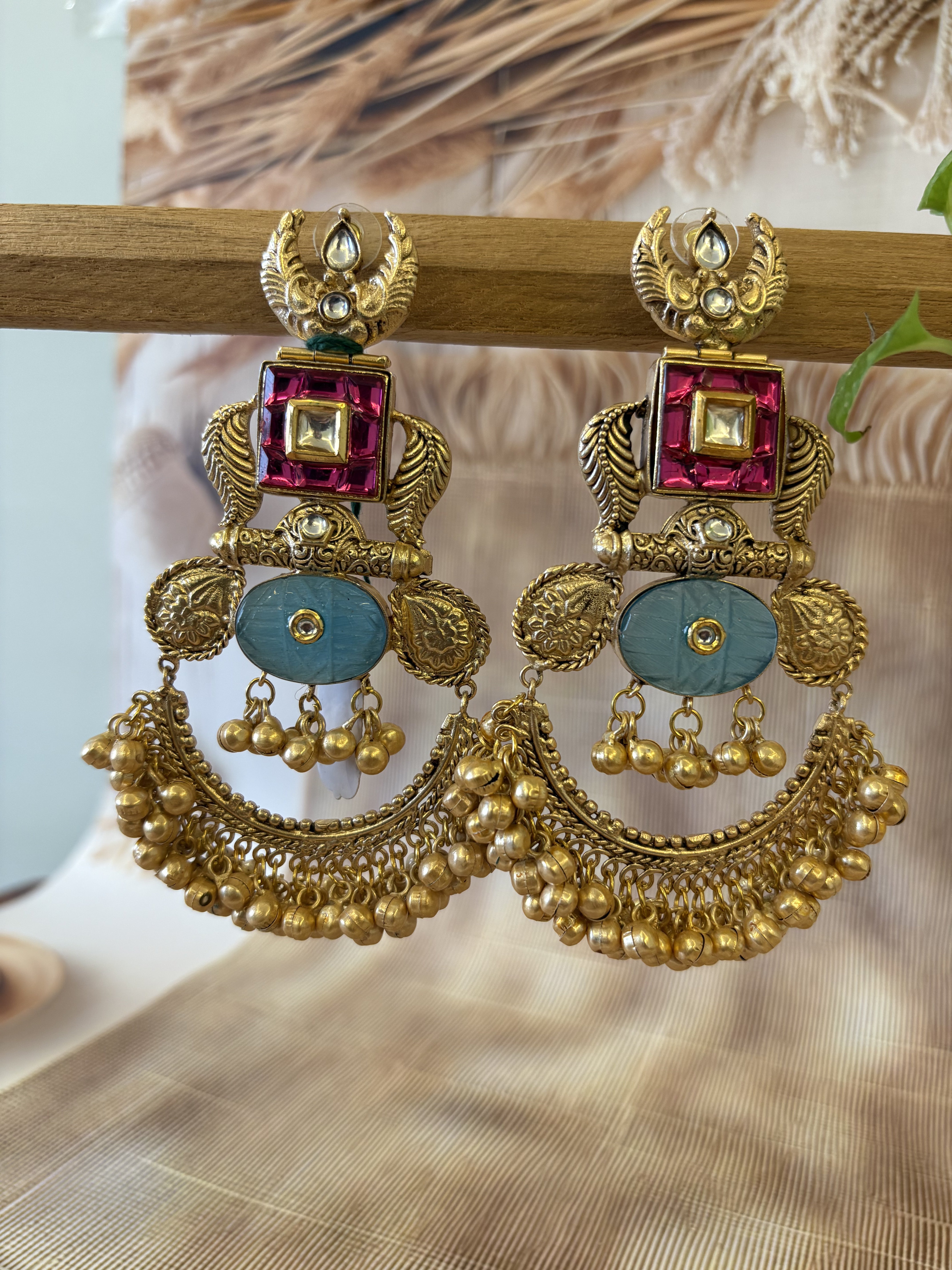 MEERA GOLD TONE STONE GHUNGROO STUDDEDEARRING SET