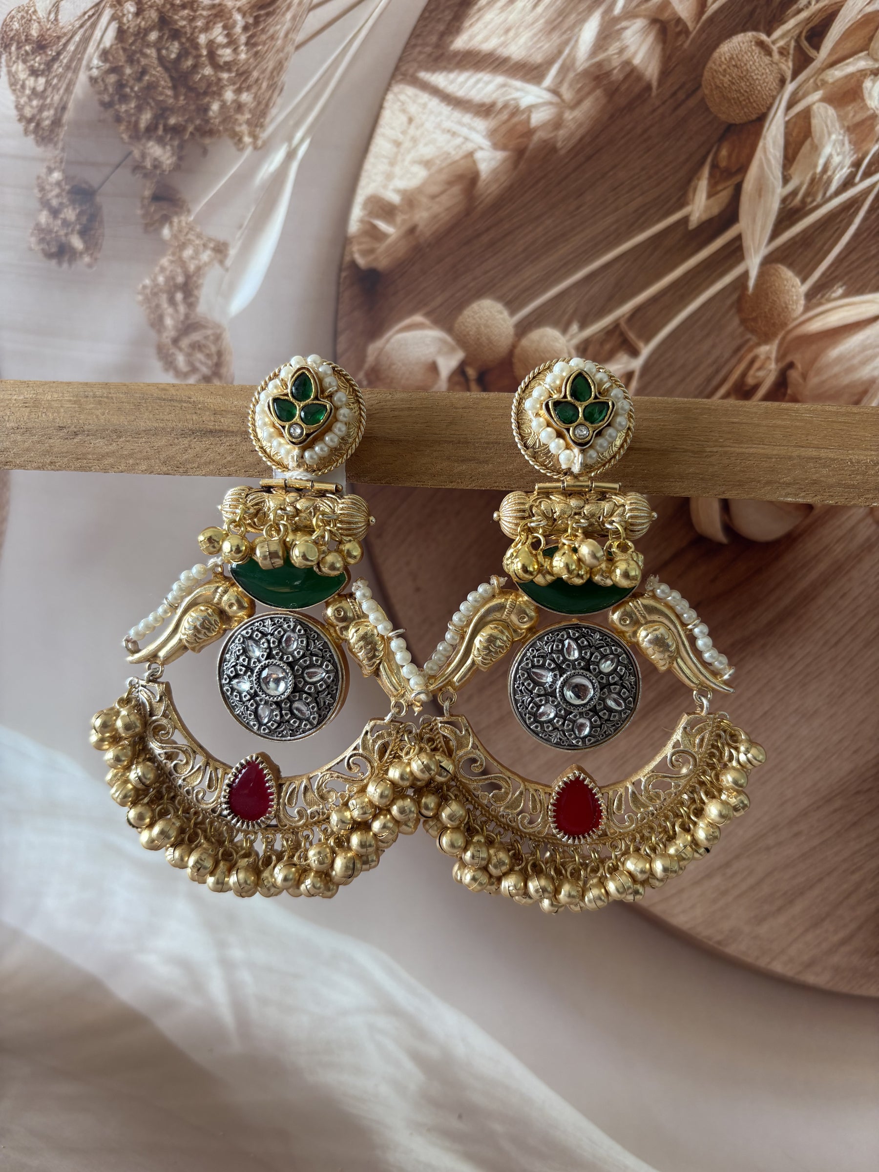 GOLD AND SILVER TONE RED AND GREEN KUNDAN STONE EARRING SET