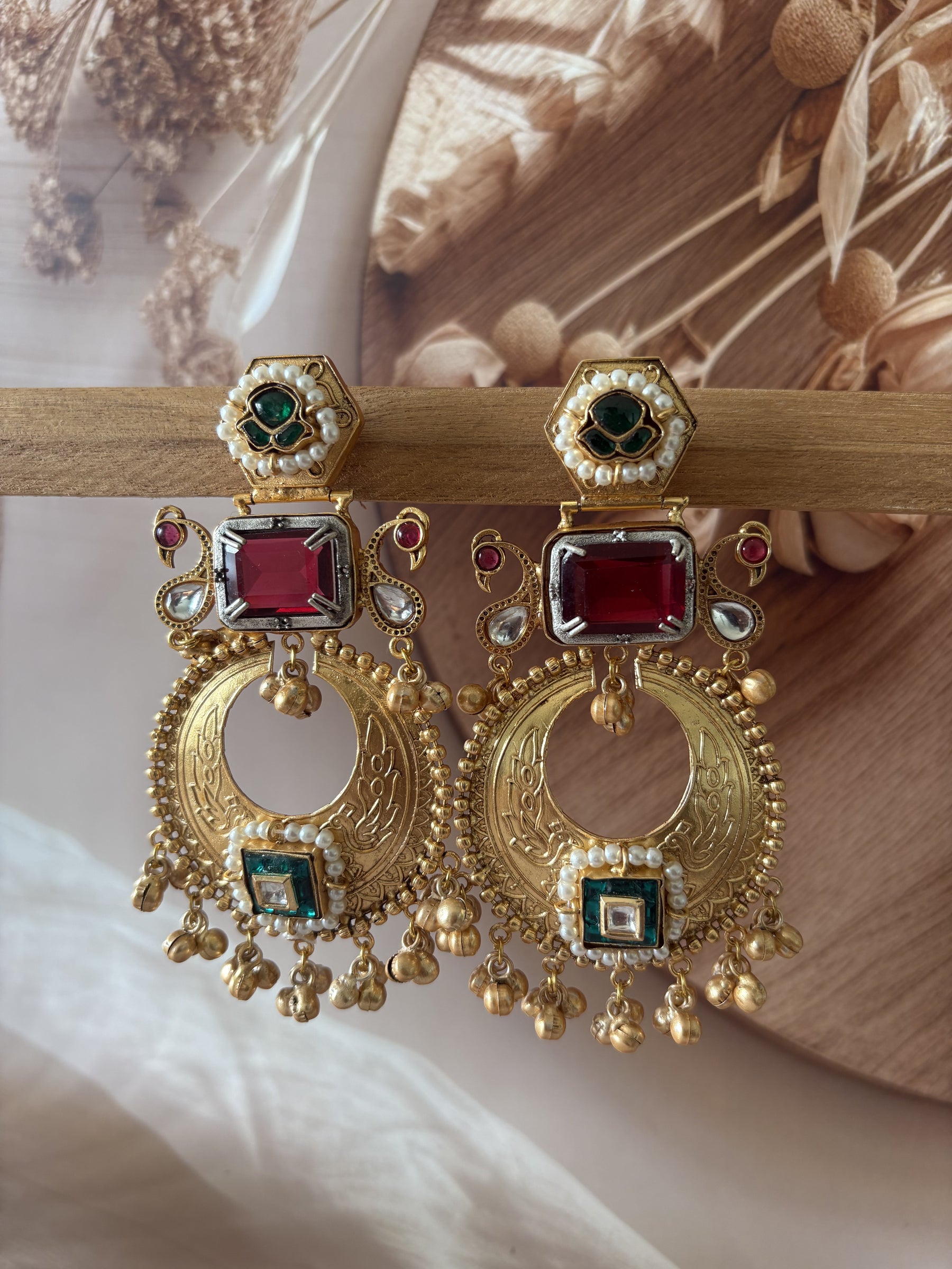 KANCHAN GOLD TONE RED AND GREEN STONE EARRING SET