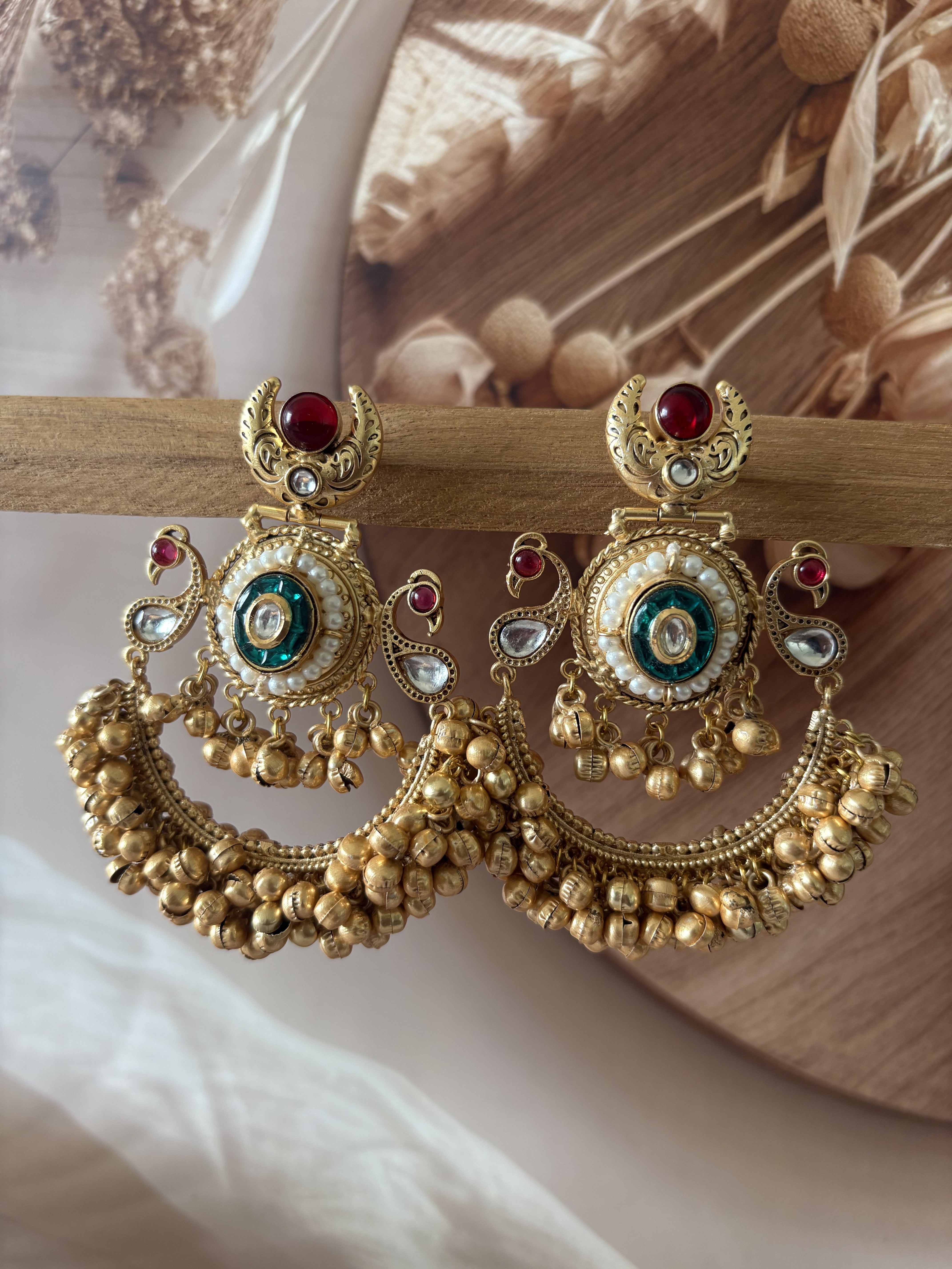 GOLD TONE GHUNGROO RED STONE DROP EARRING SET