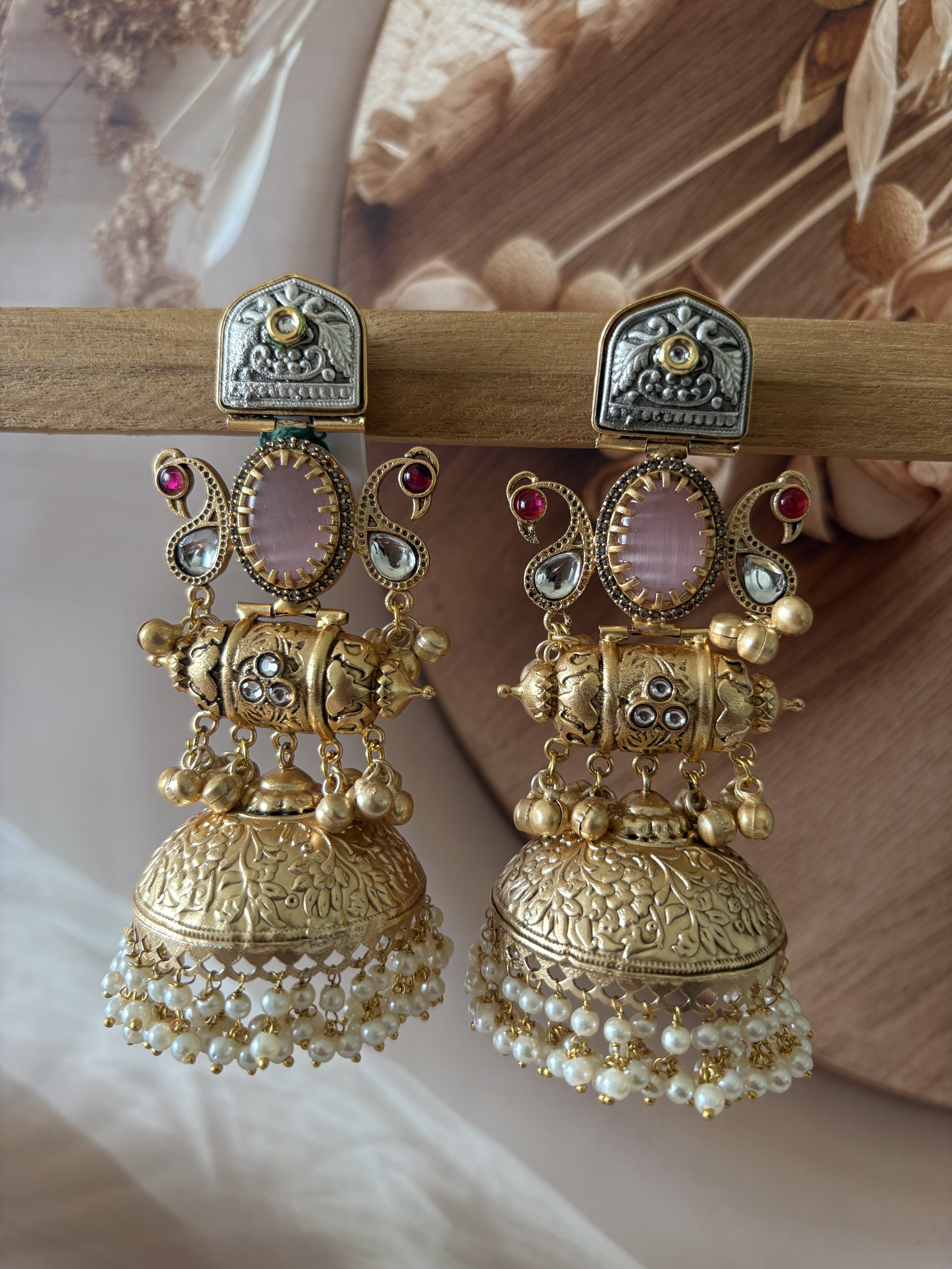 GOLD AND SILVER TONE PINK STONE BEADED JHUMKI EARRING SET