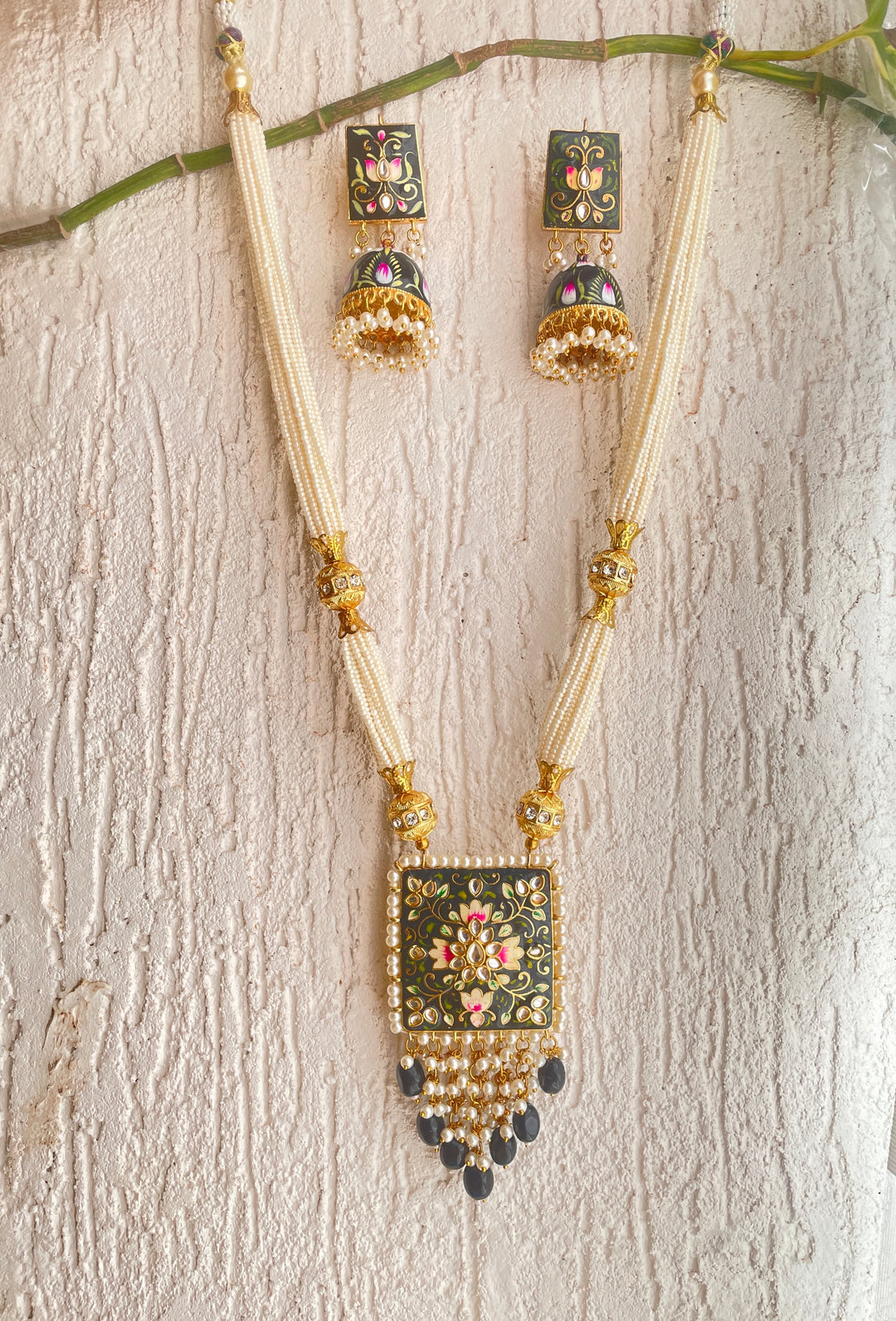 BLACK LOTUS HAND PAINTED  NECKLACE & EARRING SET