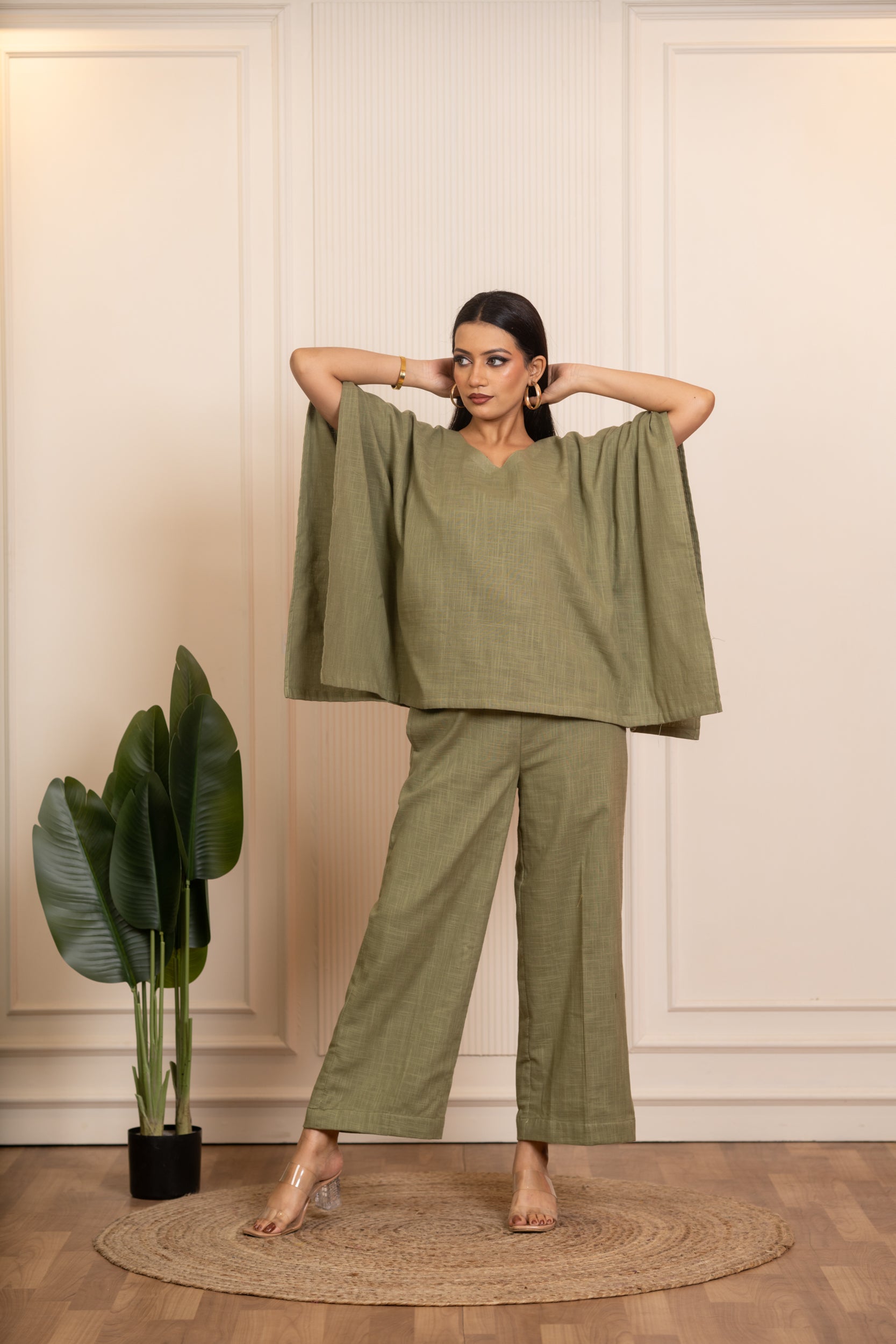 SUKOON GREEN COTTON SLUB KAFTAN STYLE CO_ORD SETS