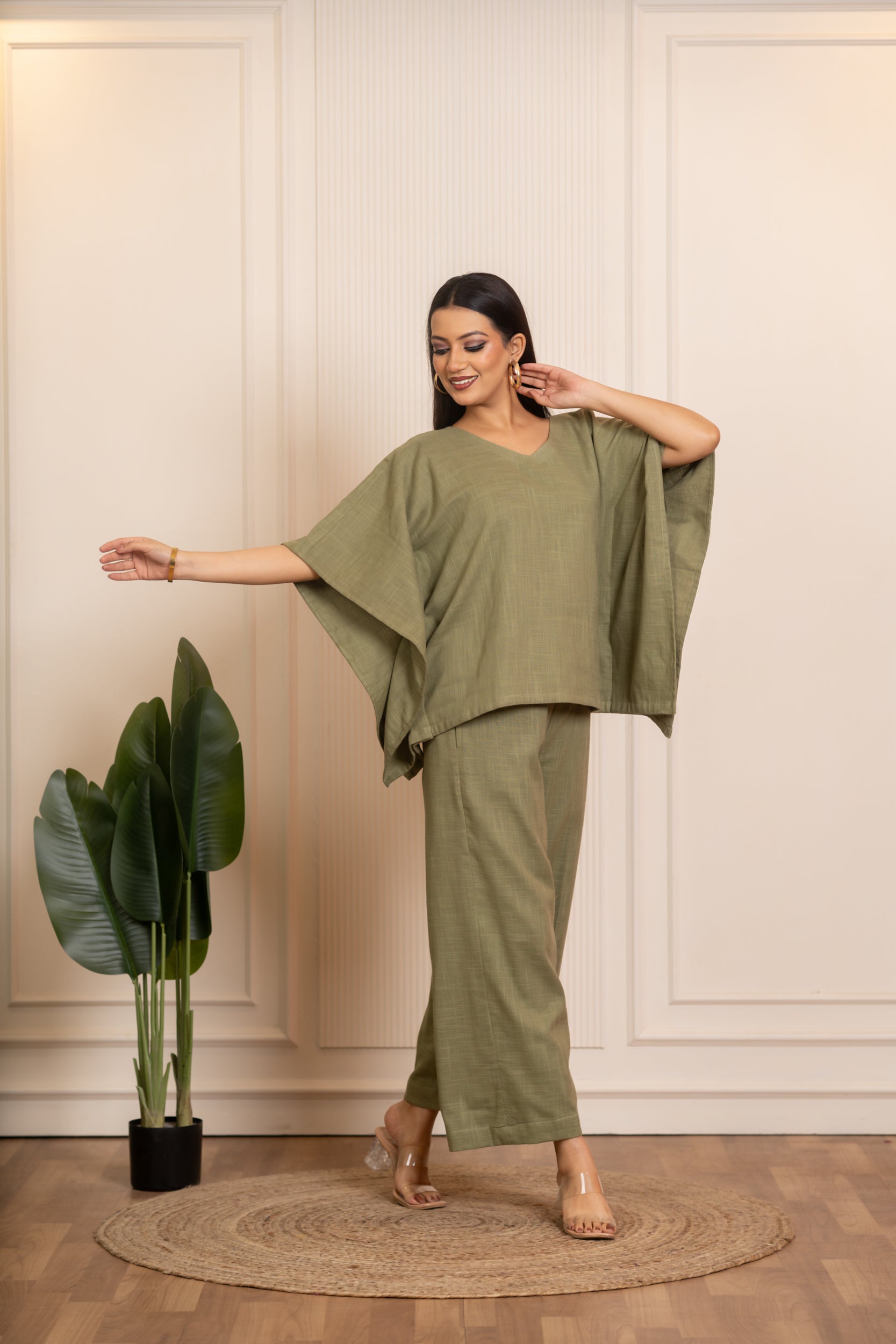 SUKOON GREEN COTTON SLUB KAFTAN STYLE CO_ORD SETS