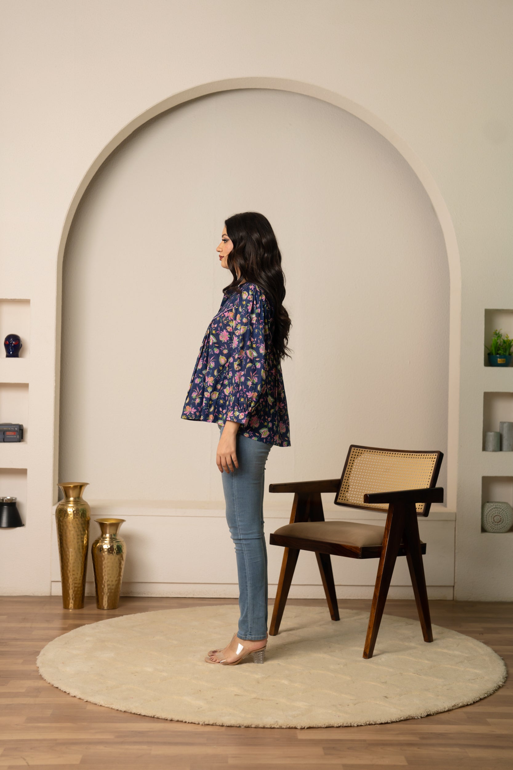 SUKOON NAVY BLUE BLOOM COTTON HAND BLOCK TOP