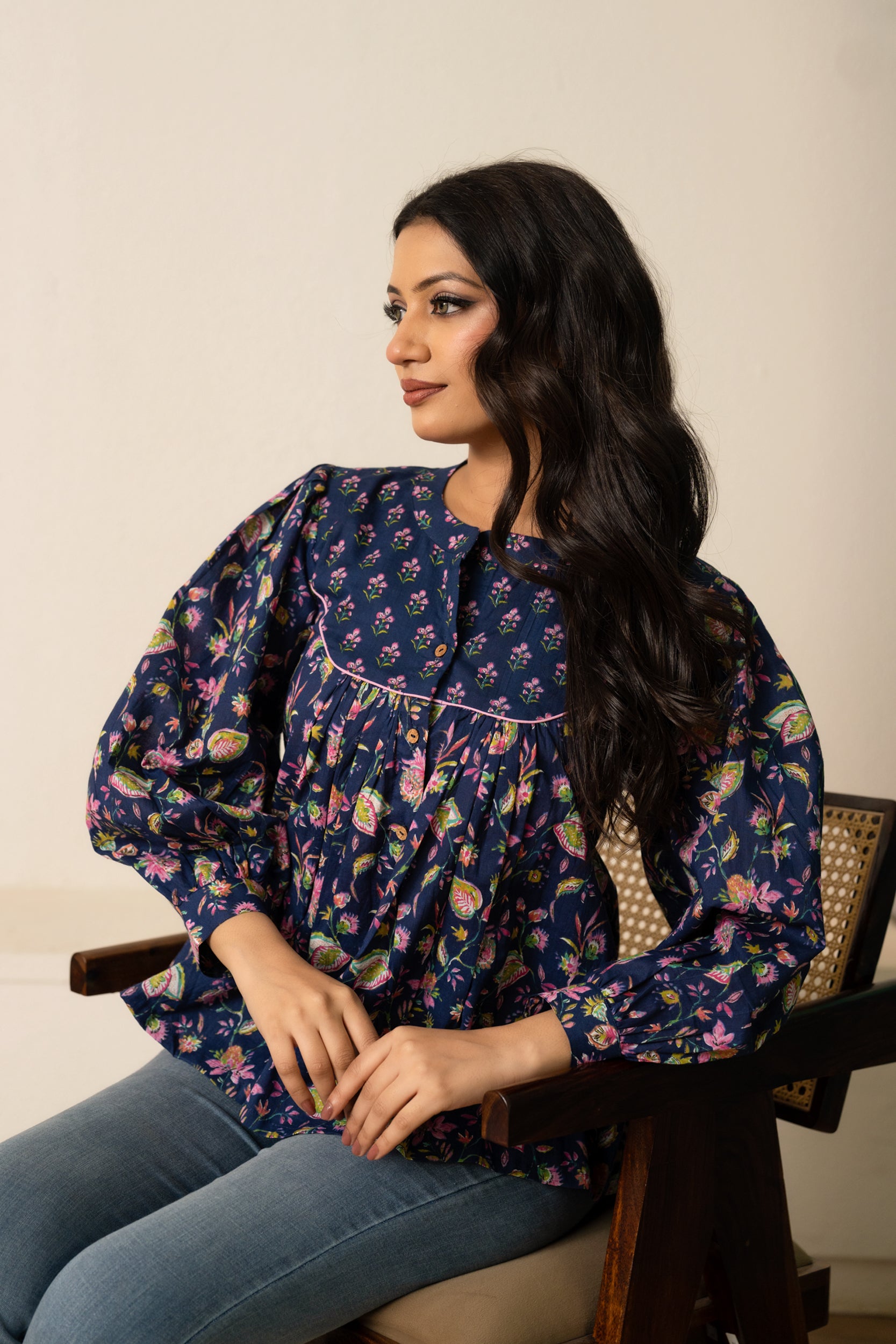 SUKOON NAVY BLUE BLOOM COTTON HAND BLOCK TOP