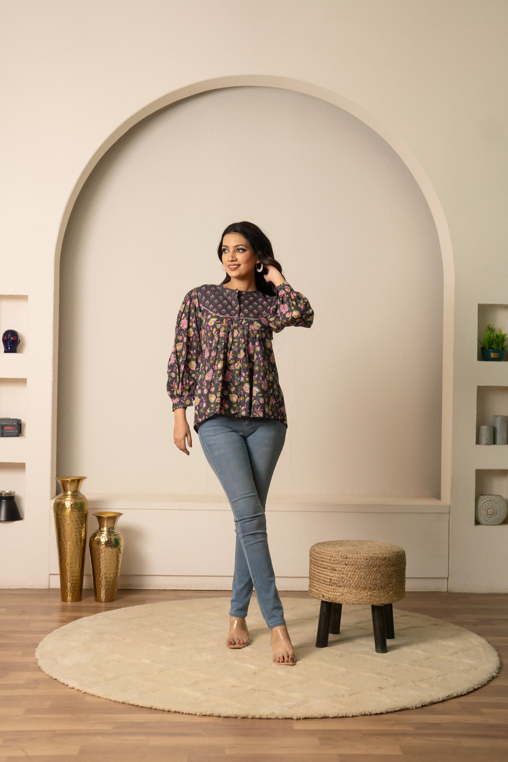 SUKOON DARK GREY FLORAL BOHO COTTON HAND BLOCK TUNIC TOP
