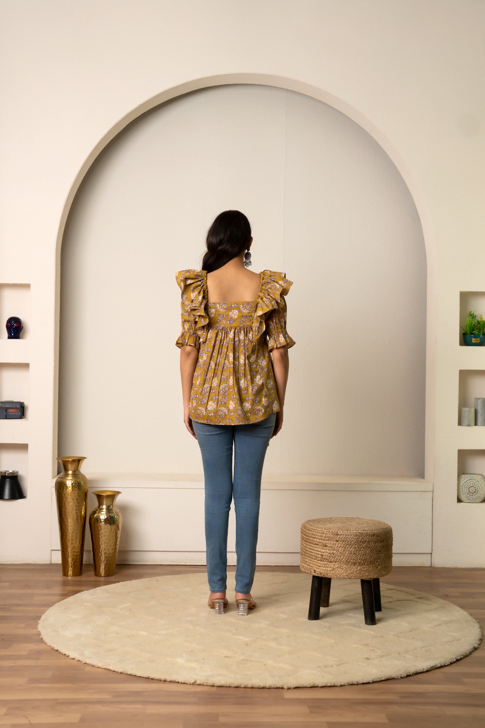 SUKOON OCHRE HAND BLOCK COTTON BLOOM TUNIC TOP
