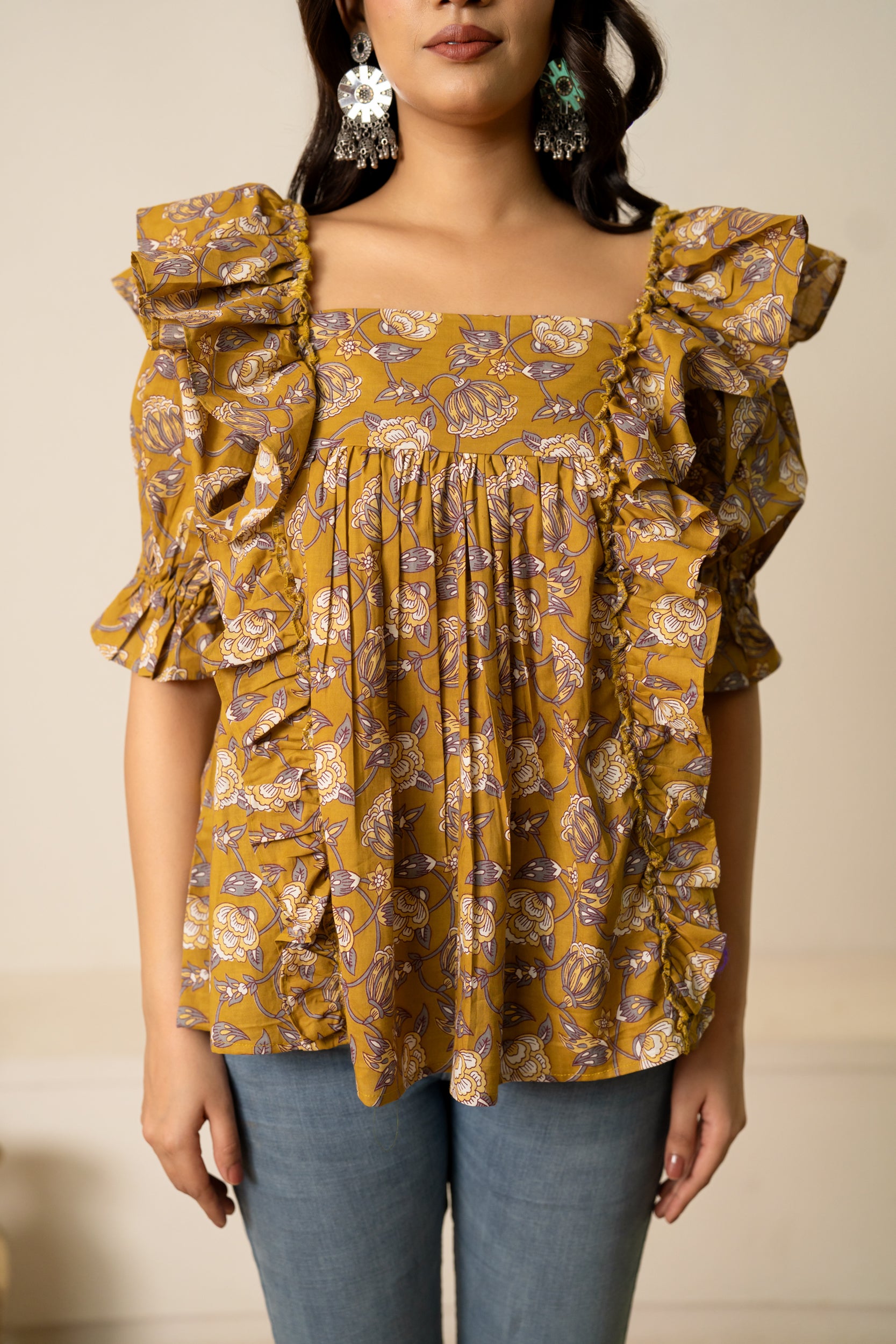 SUKOON OCHRE HAND BLOCK COTTON BLOOM TUNIC TOP