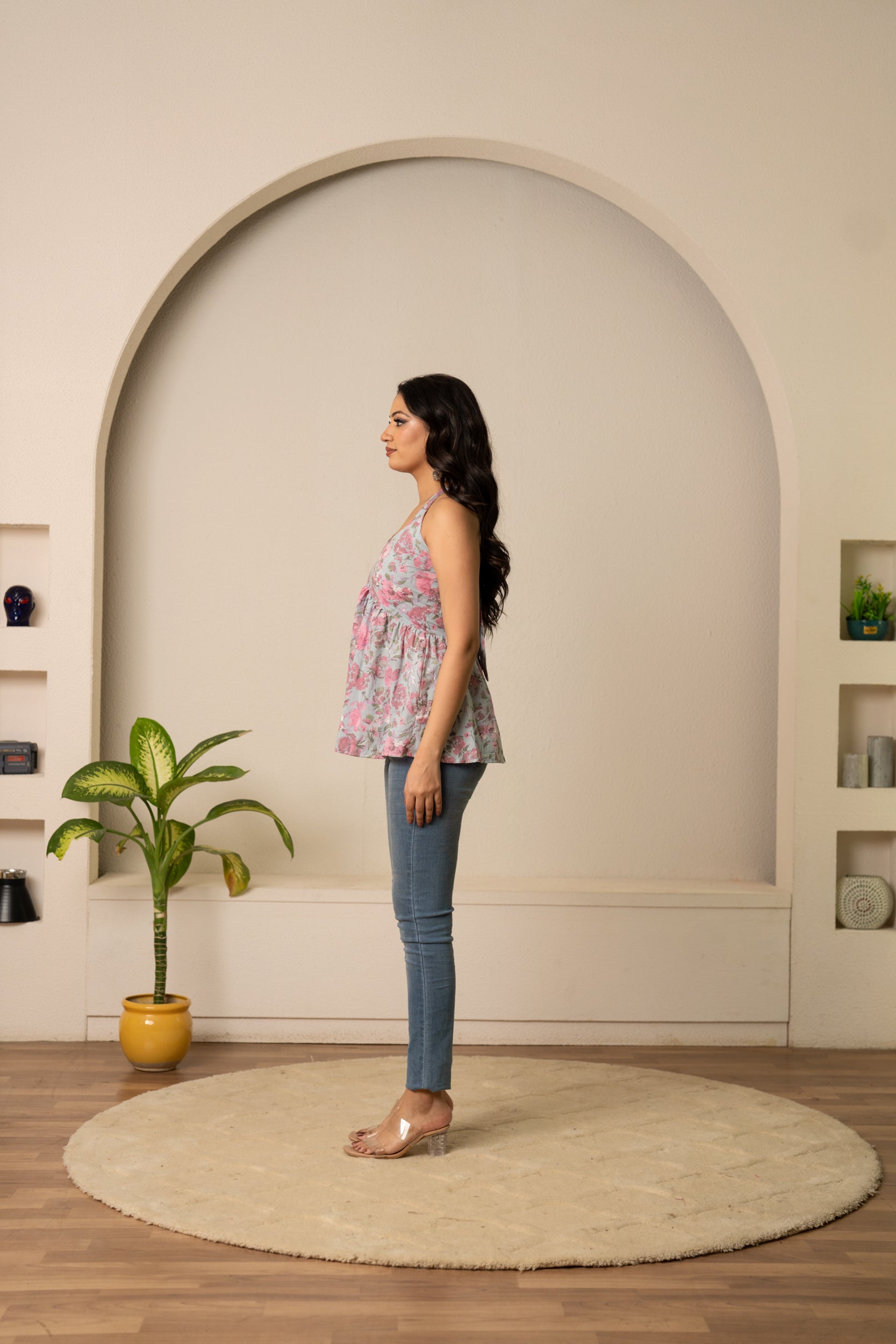 SUKOON SKY BLOOM HALTER NECK COTTON HAND BLOCK TOP