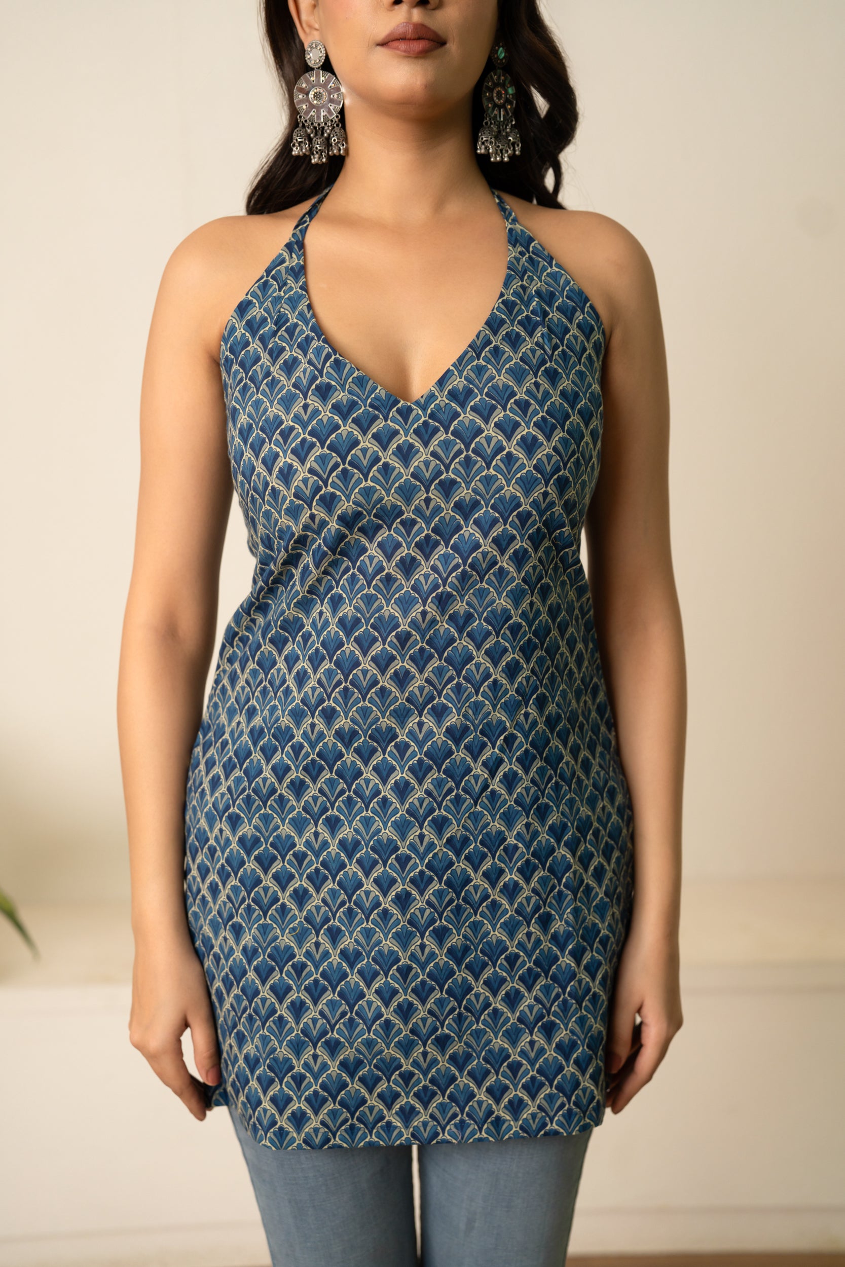 SUKOON CHIC INDIGO BLUE SLEEVELESS COTTON HAND BLOCK TUNIC TOP