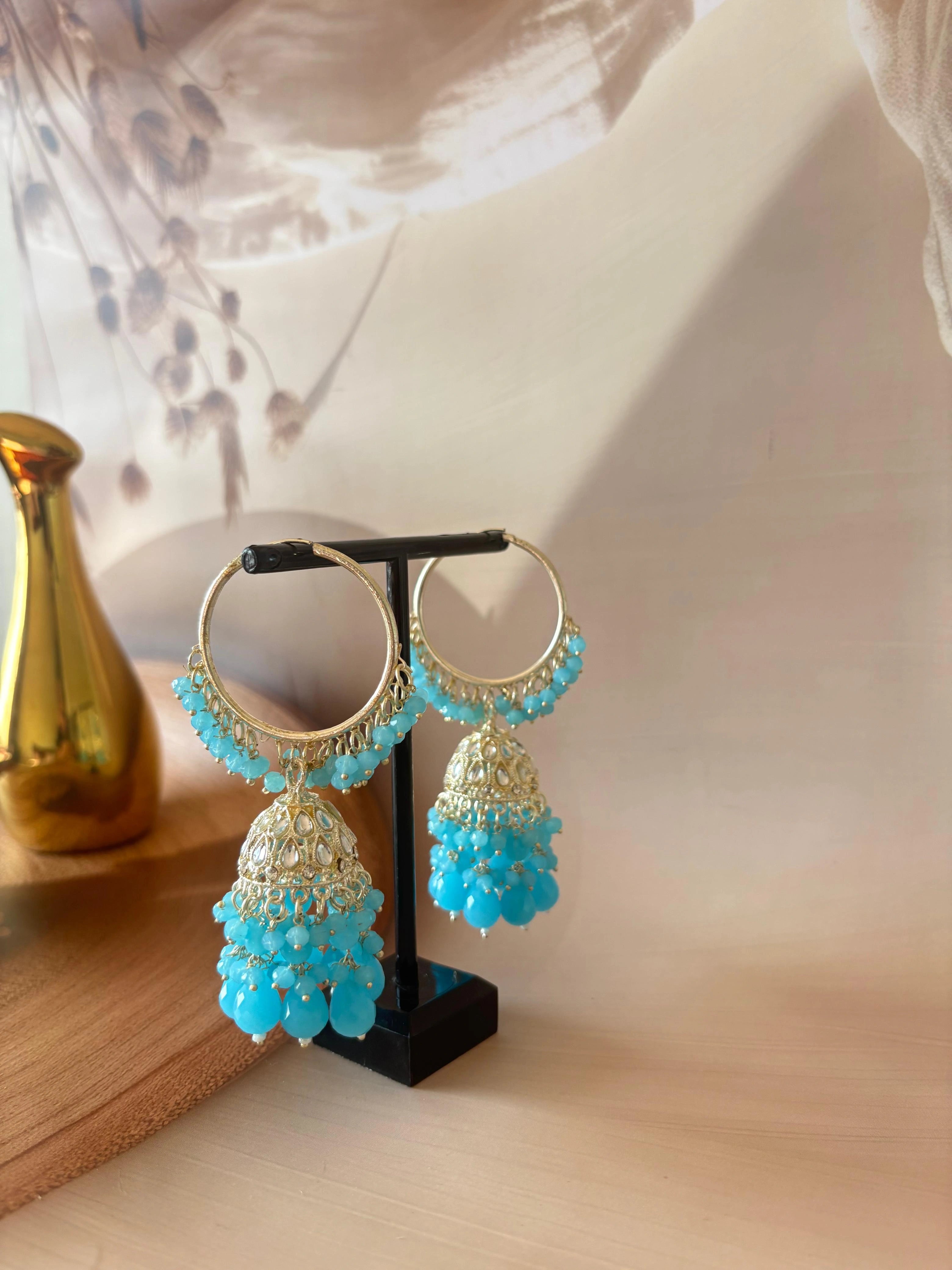 BLUE KUNDAN STUDDED JHUMKA SET