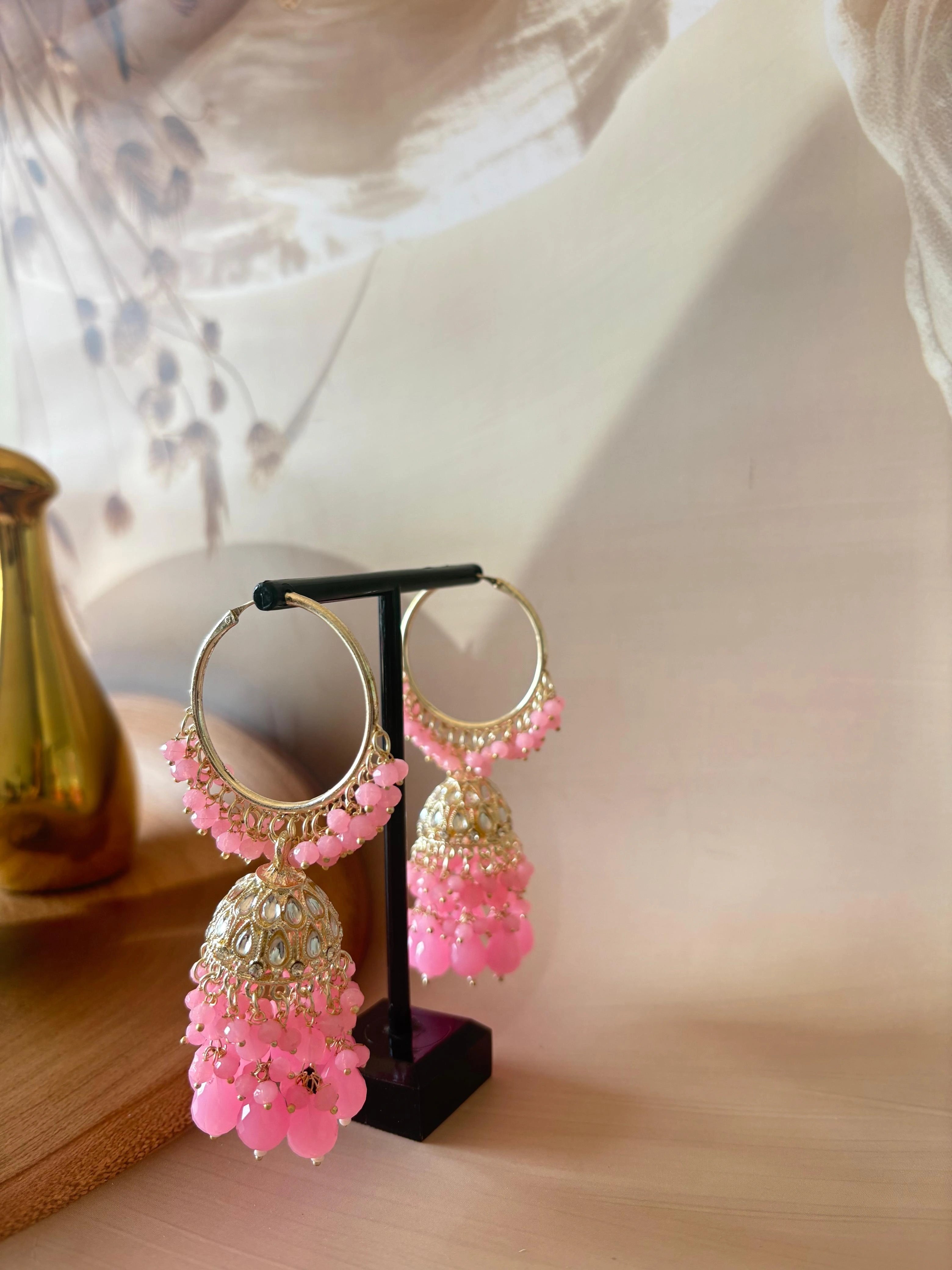 PINK KUNDAN STUDDED JHUMKA SET