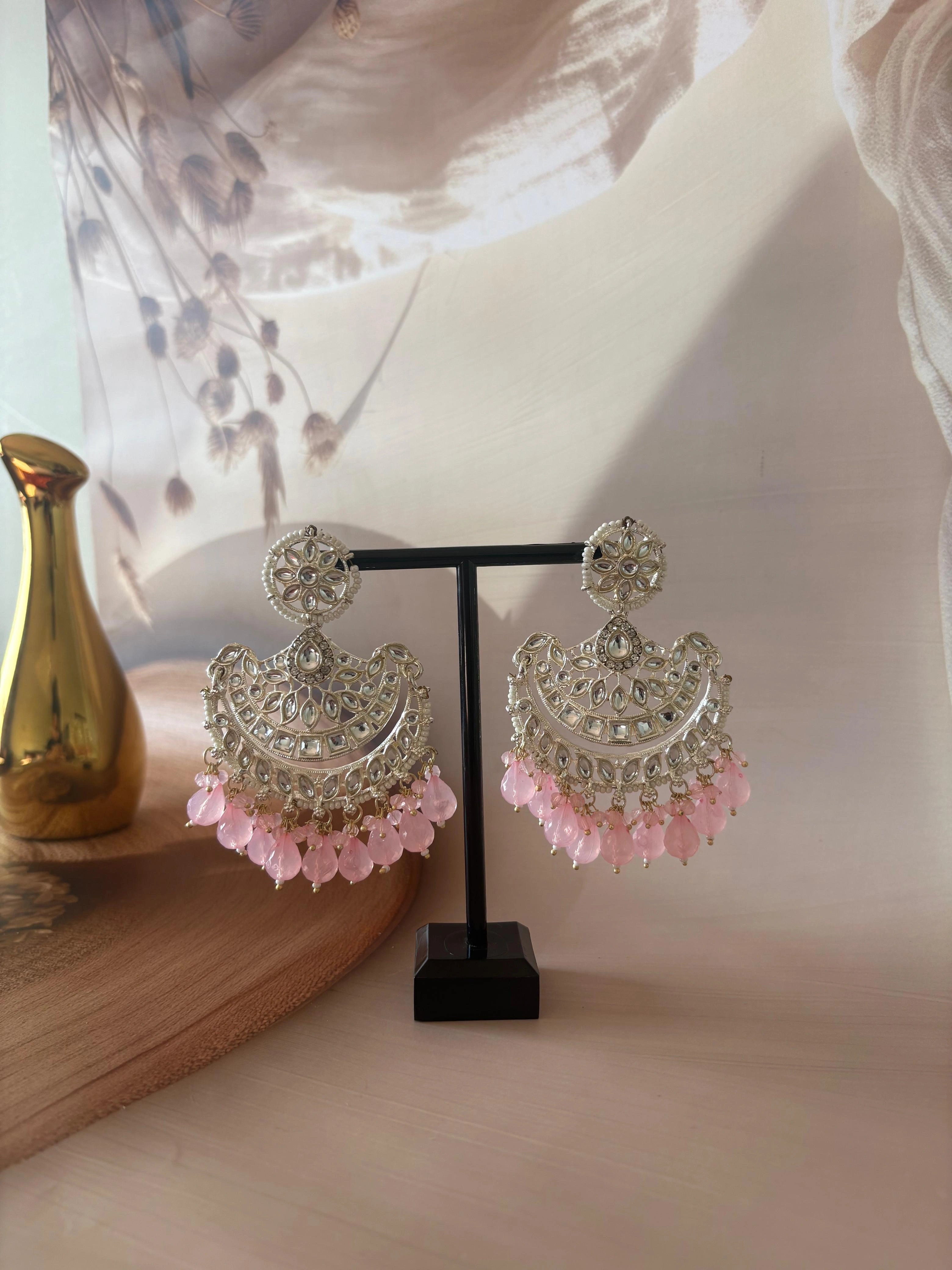 PINK KUNDAN MEENA STONE STUDDED CHANDBALI EARRING SET